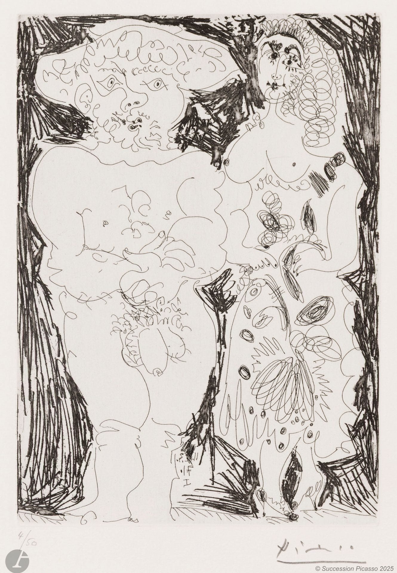 Pablo Picasso (1881-1973) 
Peasant and maja (Les 156, pl. 74). March 11, 1971. Etching. 148x206mm. Bloch 1929; Baer 1938. Perfect proof on white vellum, numbered and signed in pencil. Full margins. Edition of 50 proofs. Galerie Louise Leiris éd. 1978.