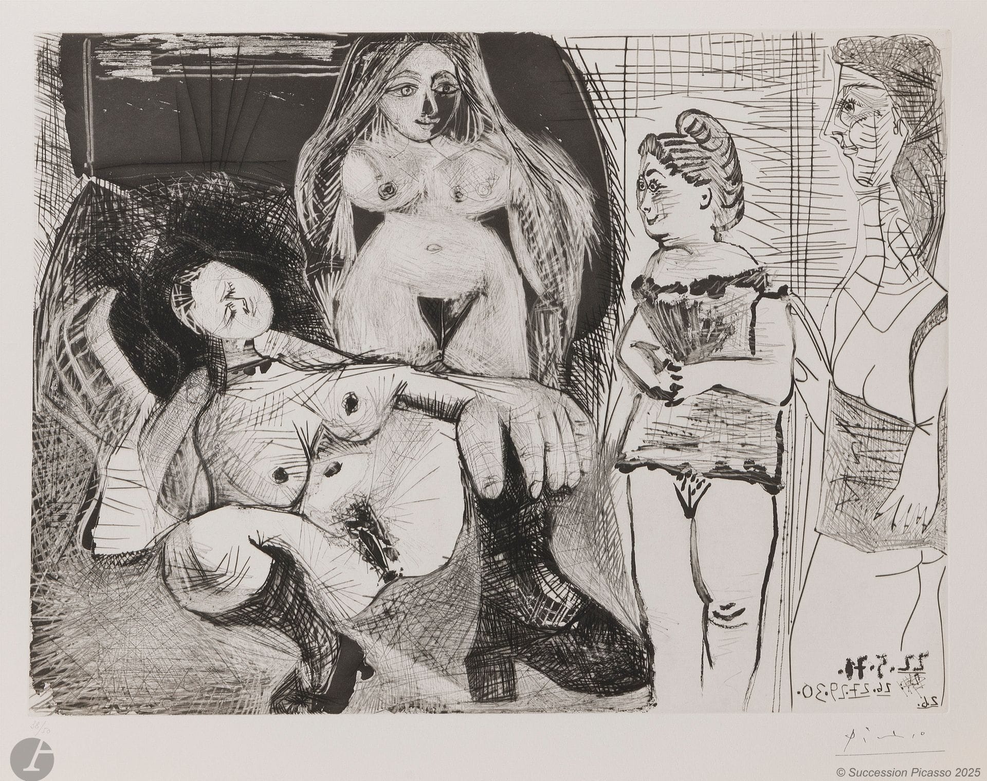 Pablo Picasso (1881-1973) 
Filles entre elles. La sous-maîtresse. (Les 156, pl. 134). 22 mai 1971. Aquatinte au sucre, eau-forte, grattoir et pointe sèche. 492x365mm. Bloch 1989; Baer 1999. Parfaite épreuve sur vélin blanc, numérotée au crayon et revêtue du timbre de la signature (Lugt 2026e). Toutes marges. Tirage à 50 épreuves. Galerie Louise Leiris éd. (1978).