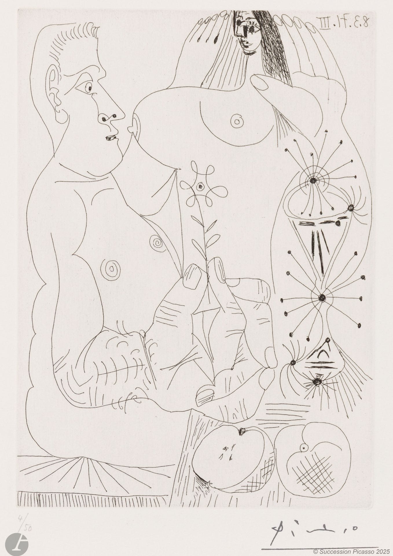 Pablo Picasso (1881-1973) 
Couple with apples (Adam and Eve). (Les 156, pl. 71). March 8, 1971. Etching. 148x206mm. Bloch 1926; Baer 1935. Perfect proof on white vellum, numbered in pencil and stamped with the signature (Lugt 2026e). Full margins. Edition of 50 proofs. Galerie Louise Leiris éd. 1978.