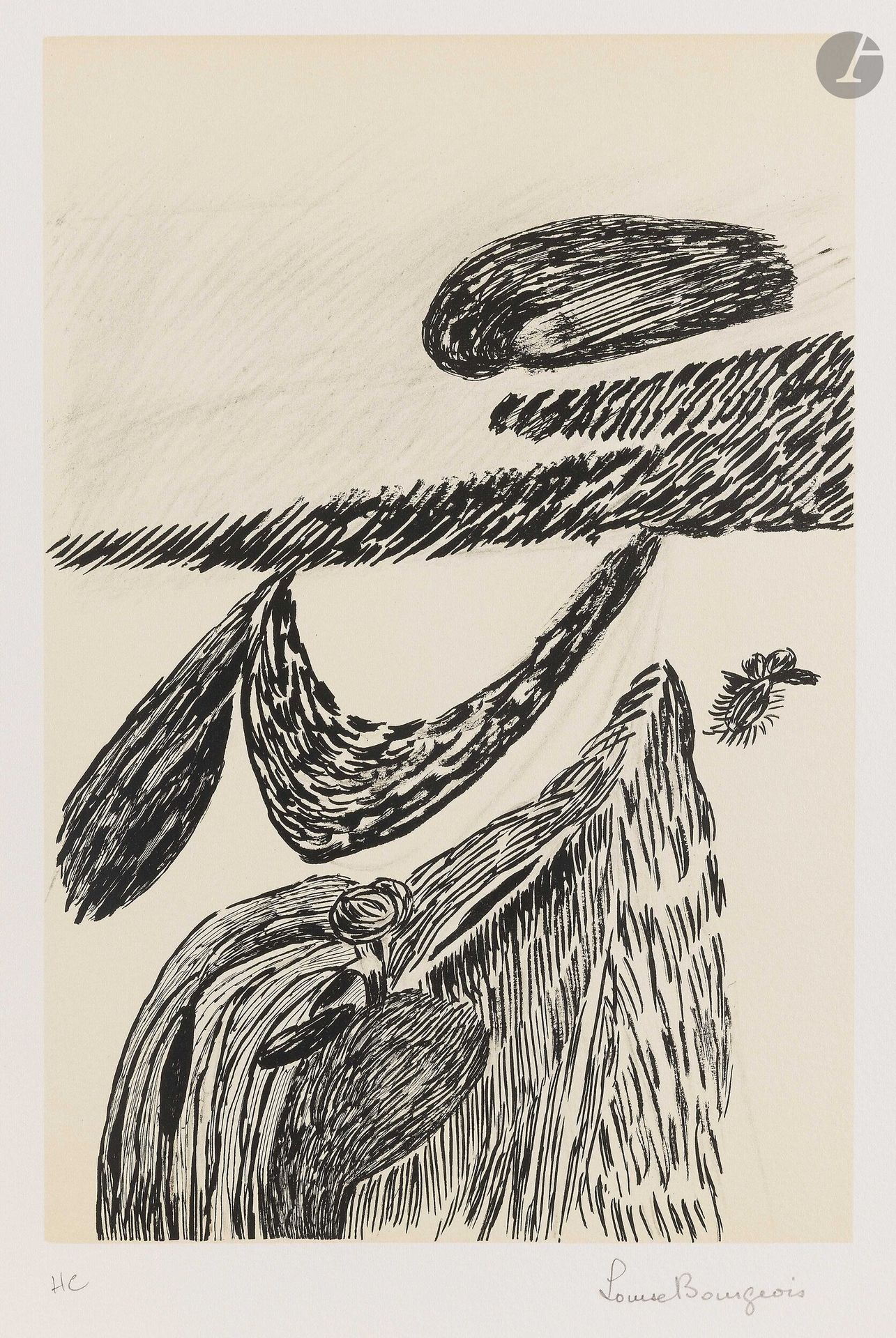 Louise Bourgeois (1911-2010)
Inner Life. 1985. Photolithographie d’après un dessin des années 1940. 210x310mm. Wye 78. Très belle et fraîche épreuve sur vélin blanc, tirée avec teinte de fond, justifiée «HC» et signée au crayon. Toutes marges. Tirage définitif à 100 épreuves. Maeght-Lelong éd. (à l’occasion de l’exposition «Louise Bourgeois, rétrospective 1947-1984»).