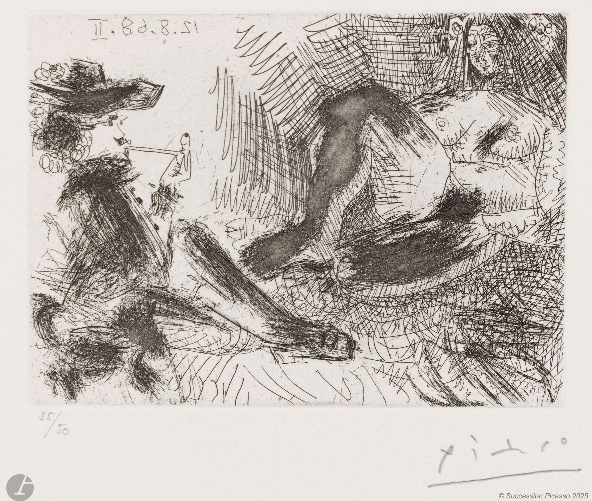 Pablo Picasso (1881-1973) 
Gentleman with pipe and nude maja (Les 347, pl. 271). August 12, 1968. Etching. 119x89mm. Bloch 1751; Baer 1768. Perfect proof on white vellum, numbered and signed in pencil. Full margins. Edition of 50 proofs. Galerie Louise Leiris éd. 1969.