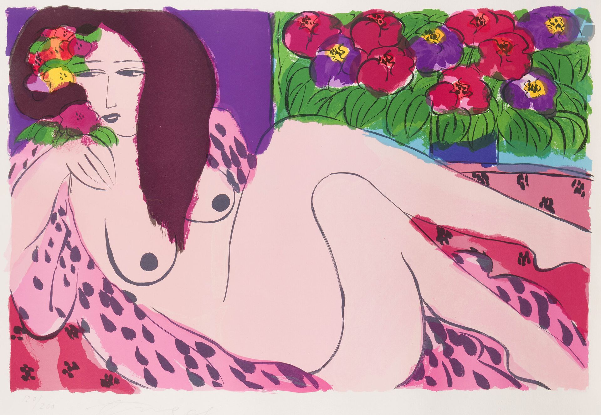Walasse Ting (Chinese-American, 1929-2010)
Reclining nude woman. 1985. Lithograph. 905x600mm.  Color print. Fine proof on white vellum, numbered and signed in pencil, canvas-backed. Long oblique fracture or broken fold across the bust. Full margins. Edition of 200 proofs.