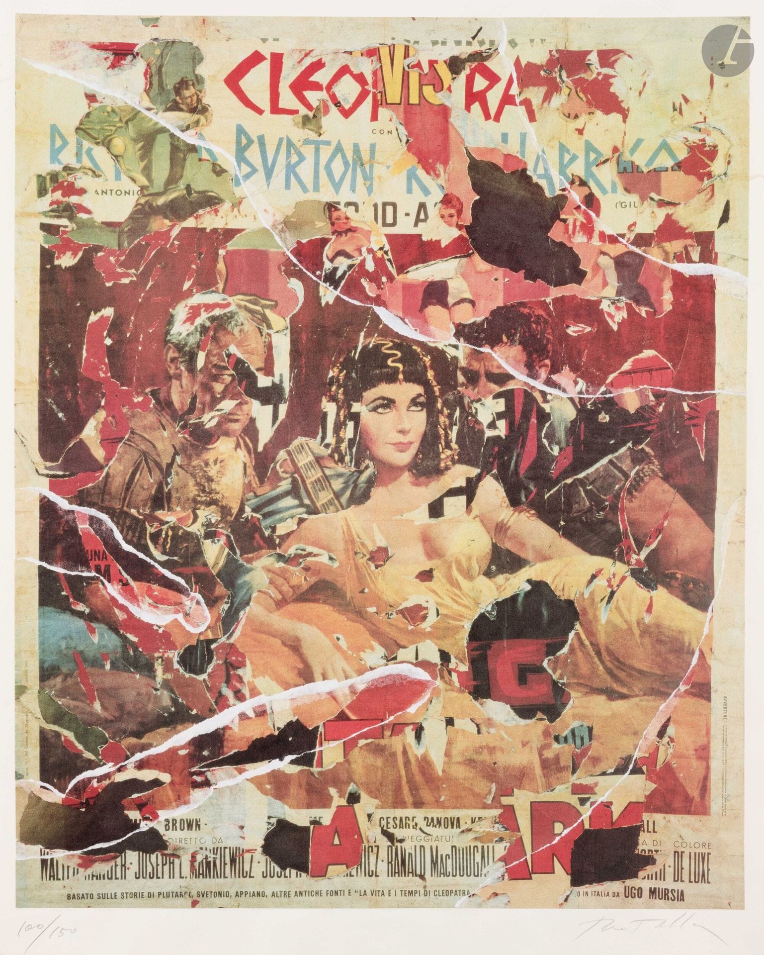 Mimmo Rotella (italien, 1918-2006)
Cleopatra (Richard Burton, Liz Taylor). Vers 2000. Collages et lacérations sur fond imprimé (offset) collé sur vélin blanc fort. La feuille: 750x1050mm. Belle épreuve numérotée et signée au crayon. Auréole claire d’humidité dans la partie supérieure du feuillet et en marge inférieure. Toutes marges. Tirage à 150 épreuves.