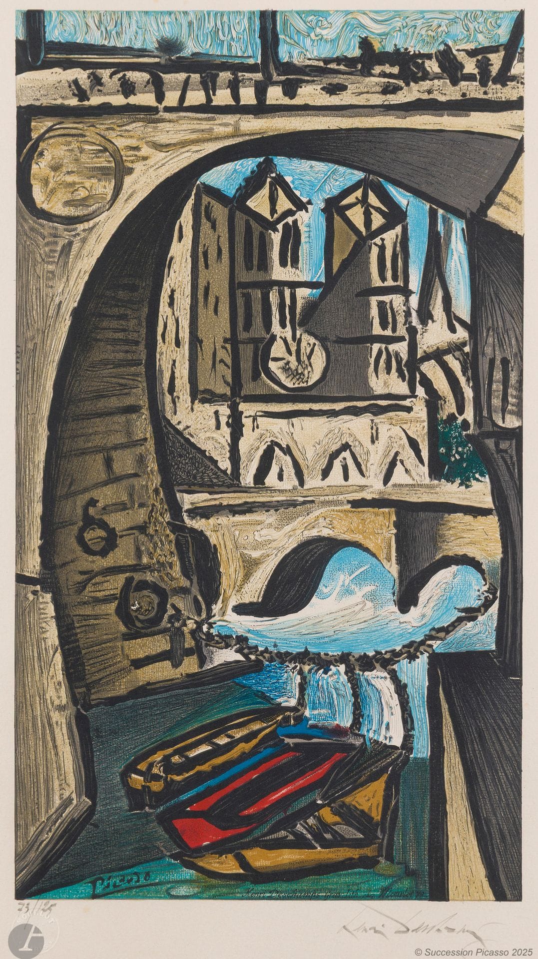 Pablo Picasso (1881-1973) (d’après)
La Seine et Notre-Dame. 1979. Lithographie par Henri Deschamps. À vue: 430x630mm. Impression en couleurs. Très belle épreuve sur vélin crème, numérotée et signée par H. Deschamps au crayon. Quelques rousseurs claires. Toutes marges. Timbre sec : Mourlot Paris.Cadre (non examinée hors du cadre).