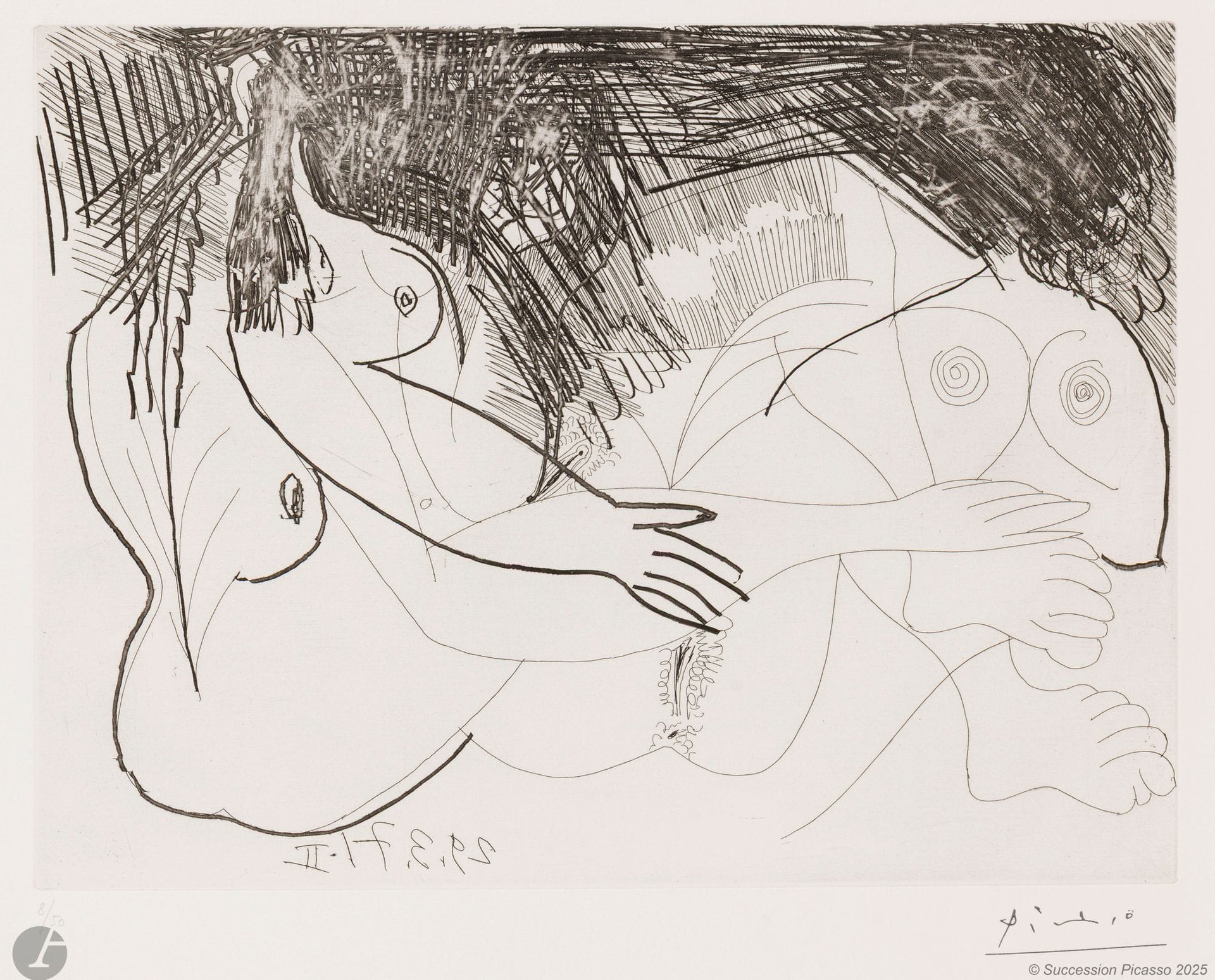 Pablo Picasso (1881-1973) 
Deux filles au repos. (Les 156, pl. 98). 29 mars 1971. Eau-forte. 305x227mm. Bloch 1954; Baer 1963. Parfaite épreuve sur vélin blanc, numérotée au crayon et revêtue du timbre de la signature (Lugt 2026e). Toutes marges. Tirage à 50 épreuves. Galerie Louise Leiris éd. (1978).
