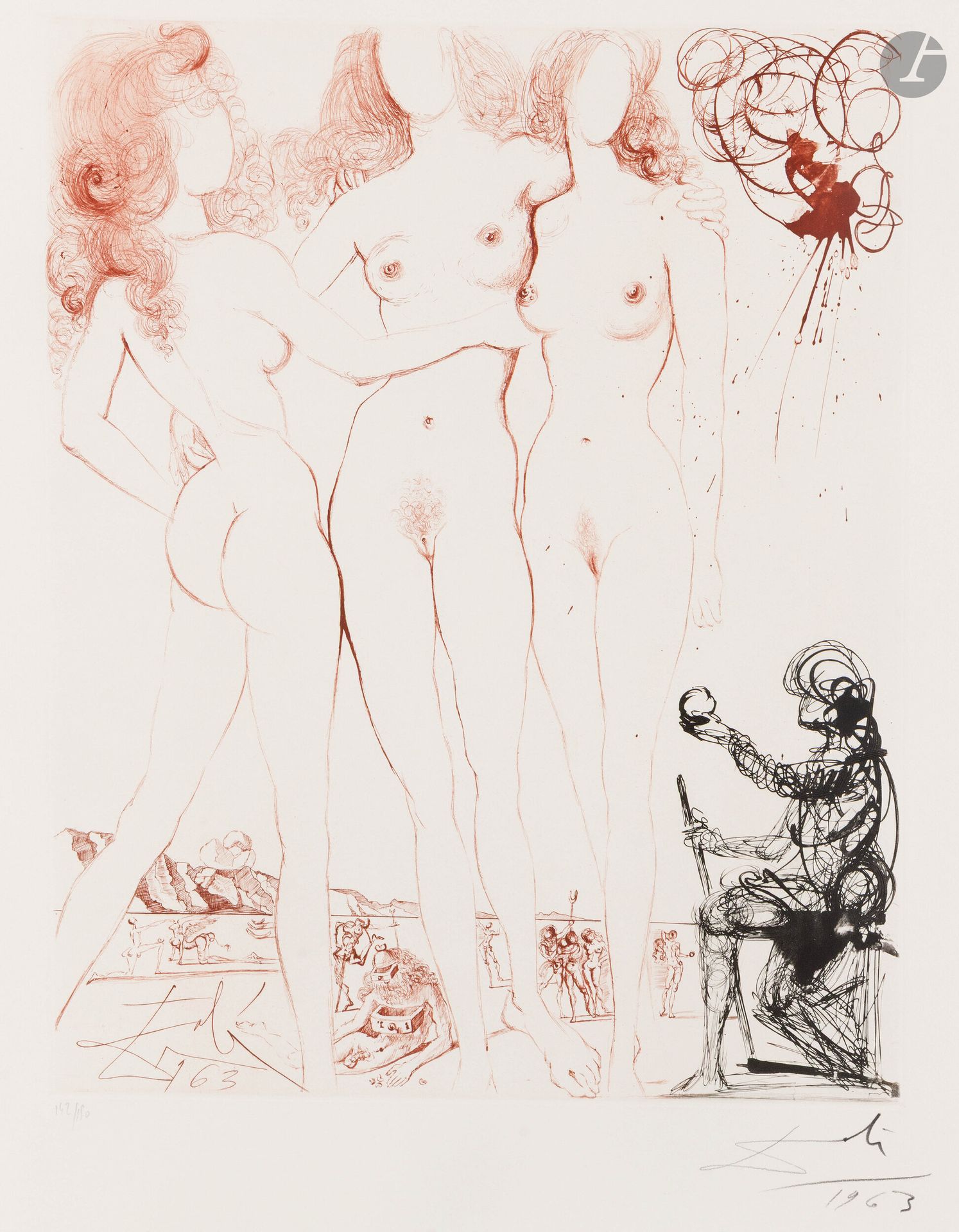 Salvador Dalí (1904-1989) 
The Judgment of Paris (Mythology, pl. 8). 1963-1965. Heliogravure and drypoint. 505x401mm. Michler and Löpsinger 123, printed in black and sanguine. Very fine proof on "Arches" watermarked vellum, signed and dated "1963" in pencil. Light traces of oxidation at the edges. Full margins. Edition of 150 proofs on this paper. Argillet ed.