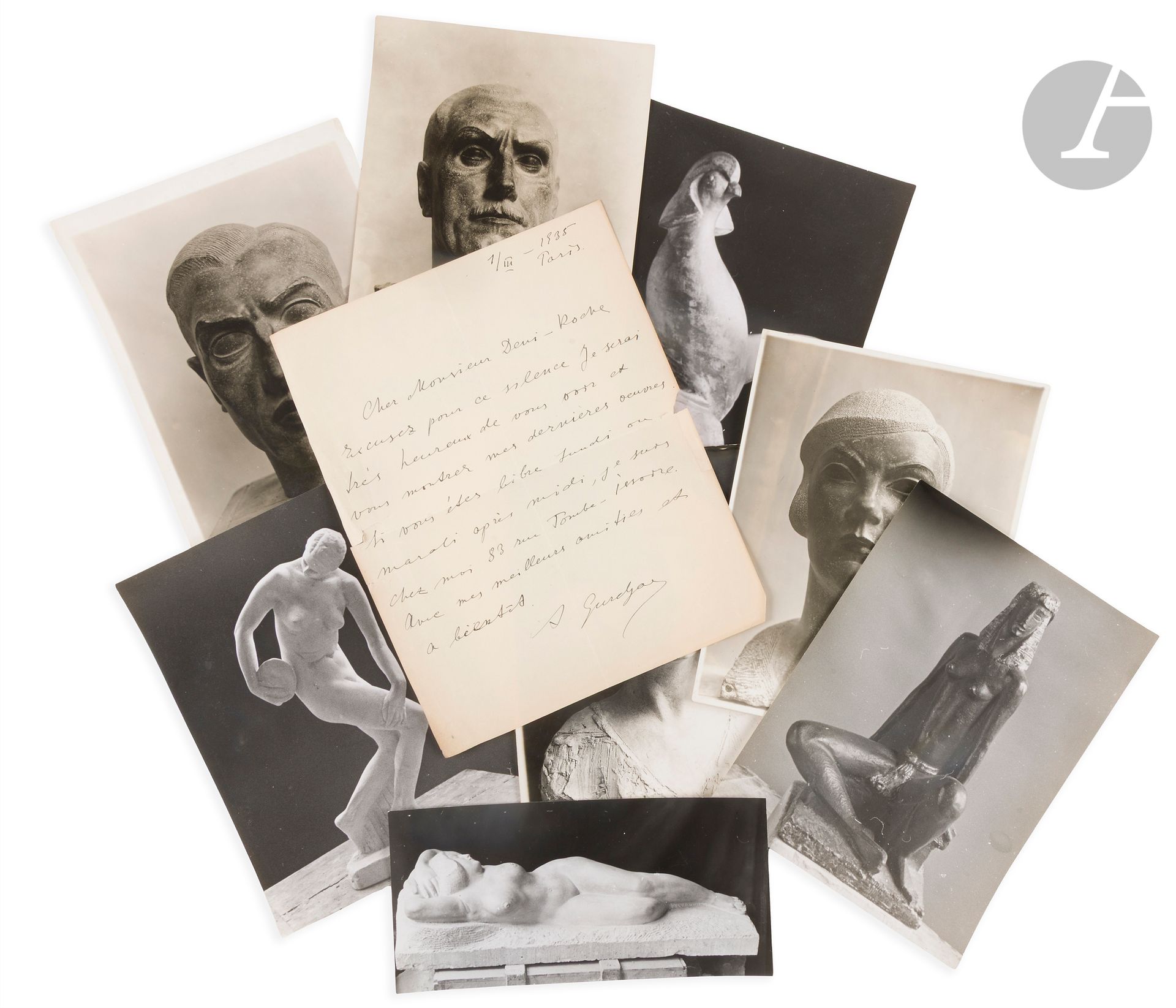 Akop GURDJIAN (1881-1948)
- Une photographie d’A. Gurdjian par Pierre Choumoff vers 1930.
- Une lettre autographe de Gurdjian à Denis Roche en date du 7 janvier 1936 qui a pour objet un article de D. Roche à paraître à son sujet.
Feuille recto-verso.
- 58 photographies de 49 de ses sculptures, 34 titrées et datées entre 1913 et 1934 au dos. Quelques photographies portent les tampons de Paul Becker (Ixelles), de Pierre Choumoff (Paris), Marc Vaux (Paris), R. Paul (Paris), Édouard Desprez (Paris), Kurkjian (Robert ?) (New York).
- Une carte-lettre de Gurdjian à Denis Roche en date du 24 juin 1935 et un mot de sa femme Tatiana au même le 6 mars 1936.

Provenance : Archives de Denis Roche.

[art russe]