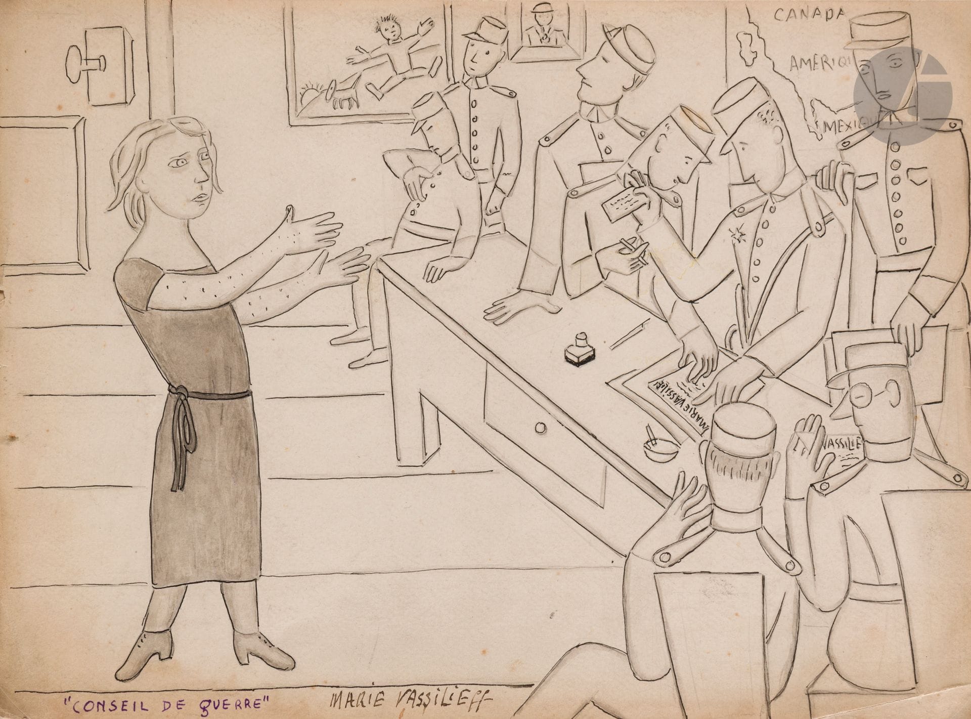 Marie (Ivanovna) VASSILIEFF (1884-1957)
Conseil de guerre
Encre.
Titrée et signée en bas à gauche.
22,5 x 31 cm

[art russe]
