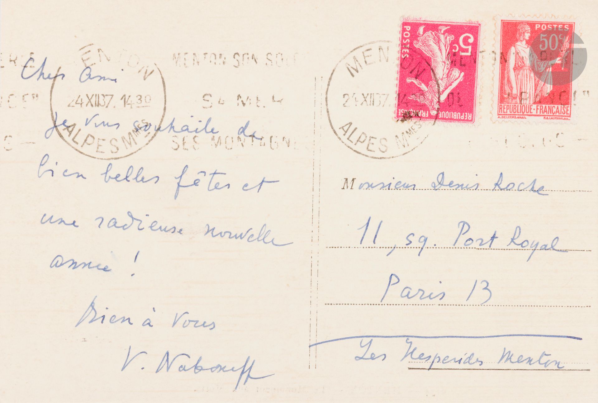 Vladimir Vladimirovitch NABOKOV (1899-1977)
Carte postale de Menton adressée à Denis Roche en date du 24 décembre 1937 avec ses vœux de fin d’année.

Provenance : Archives de Denis Roche.

[art russe]