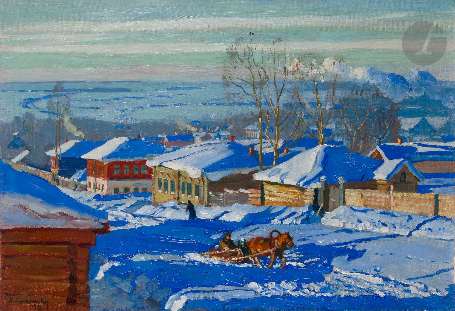 Stanislaw Yulianovich Zhukovsky (1873-1944)
На севере России (In the Russian North), 1925
Oil on canvas.
Signed and dated lower left. 
Signed with his title of Academician and titled on the back where his Moscow address also appears: 25 boulevard Pretchistensky.
49 x 71 cm
(Restorations).
[Russian art] [Stanisław Żukowski]