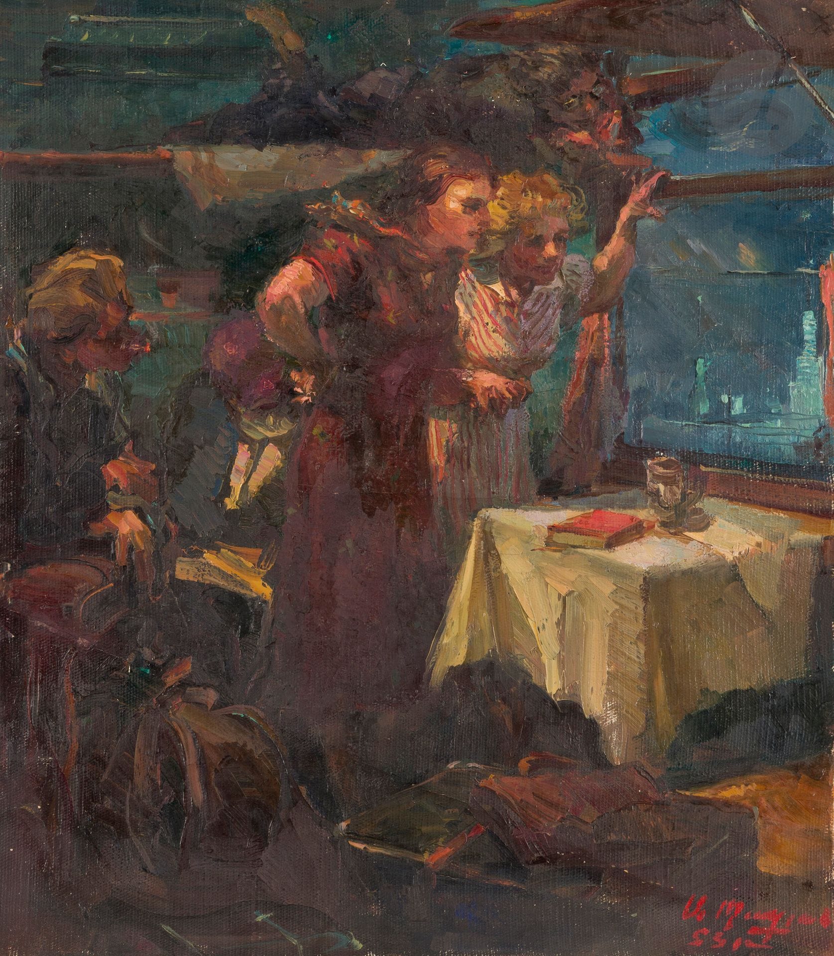 Anatoly Kazarovitch PAPIAN (1924-2007)
На учебу (En route pour les études), 1955
Huile sur toile.
Signée en arménien et datée en bas à droite.
43,5 x 37 cm
Encadrée sous verre.

Un des tableaux de la série sur le thème du voyage en train vers l’université.

[art russe]