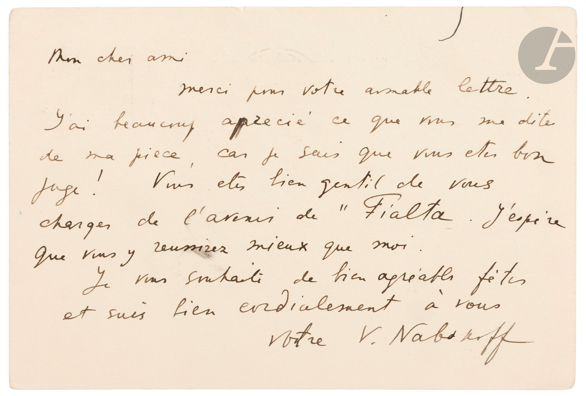 Vladimir Vladimirovich NABOKOV (1899-1977)
Four handwritten postcards addressed to Denis Roche concerning Spring in Fialta (Весна в Фиальте).
- February 15, 1937, sent from Paris, announcing the dispatch of his short story.
- February 1, 1938, sent from Menton with his cousin's address in the USA and asking if he had received Printemps in Fialta.
- April 12, 1938, sent from Menton concerning Printemps à Fialta.
- June 7, 1938, sent from Menton, asking for news of Printemps à Fialta.
In a draft letter dated February 2, 1938, Denis Roche forwards a letter from Fayard to Nabokov, acknowledging receipt of the news.

Provenance: Archives of Denis Roche.

[Russian art]