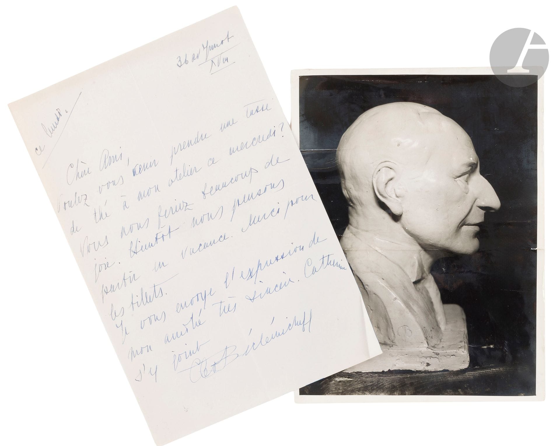 Cléo (Cléopatra Vladimirovna) BEKLEMICHEFF (1898-1976)
5 autograph letters from Cloé Beclemicheff to Denis Roche dated June 29, 1929, October 5, 1929, November 30, 1929, June 27, 1932 and one undated letter (1932?), accompanied by a photograph of the right profile of the bust of Denis Roche mentioned in the last letter. This bust was exhibited under no. 5 in 1932 at the Exposition d'Art Russe at the Galerie "La Renaissance".

Provenance: Archives of Denis Roche.

[russian art]