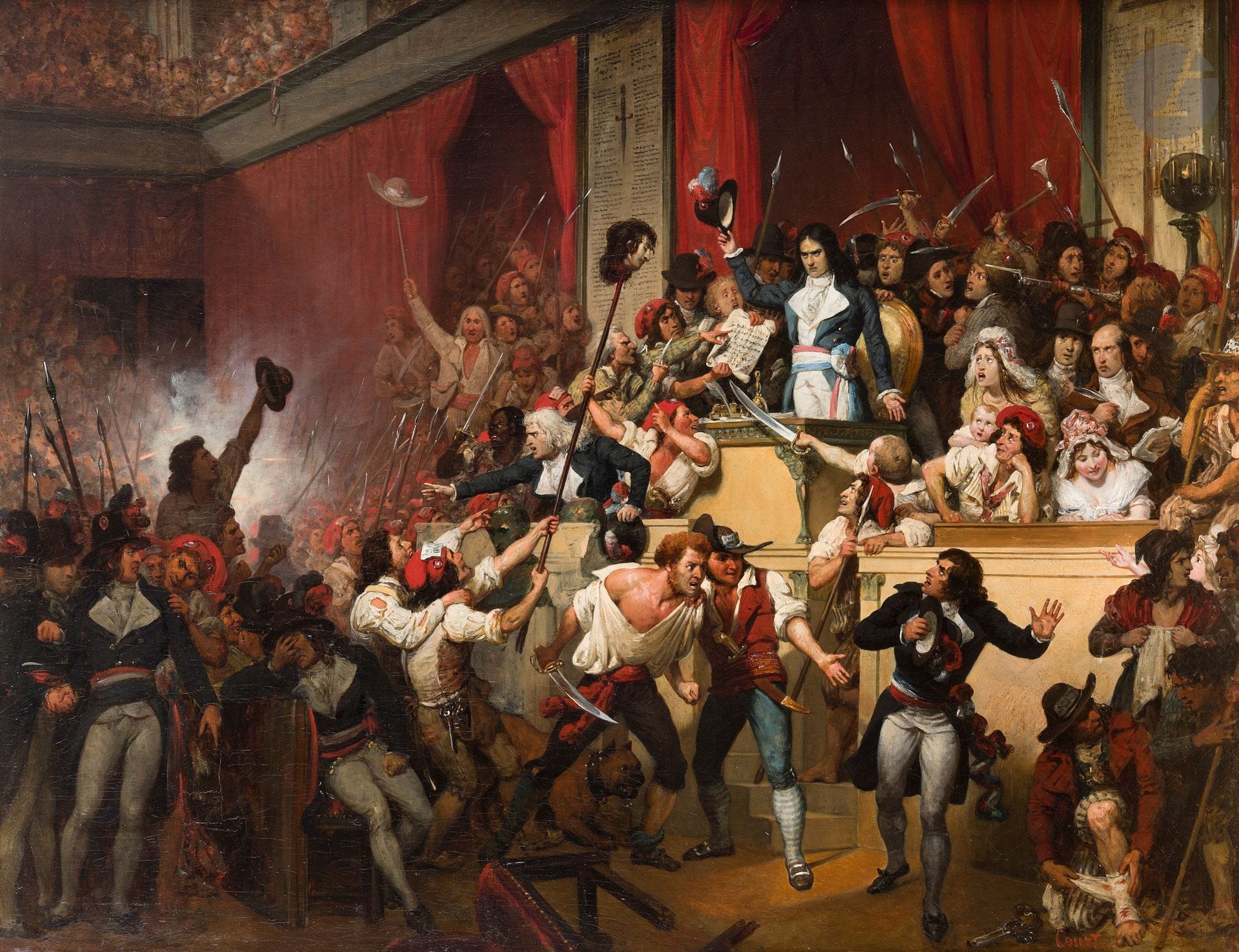 Joseph Désiré COURT (Rouen 1797 - Paris 1865)
Boissy d’Anglas saluant la tête du député Féraud, Journée du 1er Prairial An III » (20 mai 1795) 
Toile d’origine (Belot)
88 x 115 cm
Cadre en bois sculpté et doré estampillé INFROIT et JME d’époque Louis XVI
Signé en bas à droite « Court »
Restaurations anciennes

Provenance :
Vente Court, Paris, Hôtel Drouot (Me Pillet), 23 et 24 février 1866, n° 3 ;
Vente anonyme, Paris, Hôtel Drouot (Brissoneau et Daguerre), 21 mars 2008, n° 90.

Bibliographie :
F., « Concours pour le troisième tableau destiné à la Chambre des Députés. (Deuxième article) », Journal des Artistes, 10 avril 1831 ; M.-C. Chaudonneret, L’état et les artistes : de la restauration à la monarchie de Juillet (1815-1833), Paris, 1999, p. 206 à 208 ; Jean-Loup Leguay, « De pareilles œuvres valent toutes une histoire » : l’Odyssée du Boissy d’Anglas saluant la tête de Féraud (1833) peint par Joseph-Désiré Court »,Le Temps des collections Hors-série, Réunion des Musées de Rouen Métropole, 2021, p. 64 et p. 67, fig. 4.

 Afin de décorer le mur de la salle des Séances de la Chambre des députés au Palais Bourbon, un concours est organisé par l’Etat en septembre 1830. Le programme iconographique est confié au ministre de l’Intérieur Guizot ; celui-ci choisit trois thèmes, correspondant à trois tableaux distincts, illustrant l’histoire législative pendant la Révolution française. Court présente cette esquisse aux cotés de cinquante-trois participants, parmi lesquels figurent Eugène Delacroix (Bordeaux, Musée des Beaux-Arts), Alexandre-Evariste Fragonard (Paris, musée du Louvre), Nicolas Sébastien Maillot (Reims, Musée Saint-Denis), Joseph Auguste Tellier (Versailles, Musée national des châteaux de Versailles et de Trianon), Felix Auvray (Valenciennes, Musée des Beaux-Arts), Alphonse Roehn (Tarbes, Musée Massey), Thomas Degeorge (Clermont-Ferrand, Musée Bargoin) et Guillon-Lethière (vente à Monaco en 2025). C’est Auguste Vinchon qui remporte le concours avec son ébauche, aujourd’hui conservée au Musée des Beaux-Arts de Tours. La scène représentée sur notre tableau se tient dans la salle de la Convention Nationale correspondant à la Salle des Machines aux Tuileries, en fait un théâtre. Le 1er prairial an III (20 mai 1795), les parisiens affamés envahissent la Convention. Féraud, député des Hautes-Pyrénées, s’oppose à l’émeute et se fait abattre par un coup de pistolet. Sa tête est tranchée puis présentée au bout d’une pique au président de séance, Boissy d’Anglas. Le Journal des Artistes du 10 avril 1831 publie une critique du concours dans laquelle notre tableau est décrit : « Enfin, M. Court, l’un des concurrens (sic) les plus redoutables, paraît avec ses avantages ordinaires : une couleur vive, une lumière piquante, un dessin riche de diversité, d’individualité et d’expression. Sa scène est nombreuse et animée. Les députés sont chassés et outragés par la populace furieuse. Boissy d’Anglas, debout, se découvre avec calme devant le hideux spectacle qui lui est offert ; mais il ne songe nullement à résister aux révoltés. Un geste du bras gauche, calculé dans ce sens, eût ajouté un grand prix à son tableau ». Humilié d’avoir échoué à cette épreuve, Court décide de développer notre esquisse en un vaste tableau (toile 4,92 x 8,13 cm), aujourd’hui au musée des Beaux-Arts de Rouen (inv. FNAC PFH-254), qu’il expose à plusieurs reprises, à commencer par le Salon de 1833, puis à Bruxelles la même année et enfin dans diverses villes de province entre 1833 et 1835. Montré à Rouen, sa ville natale, l’accueil réservé par la presse et le public est particulièrement chaleureux pendant le mois et demi de l’exposition (29 mars - 12 mai 1835). Ainsi apprécié, le tableau est acquis par l’Etat à la demande du musée, avec la promesse d’y être déposé.