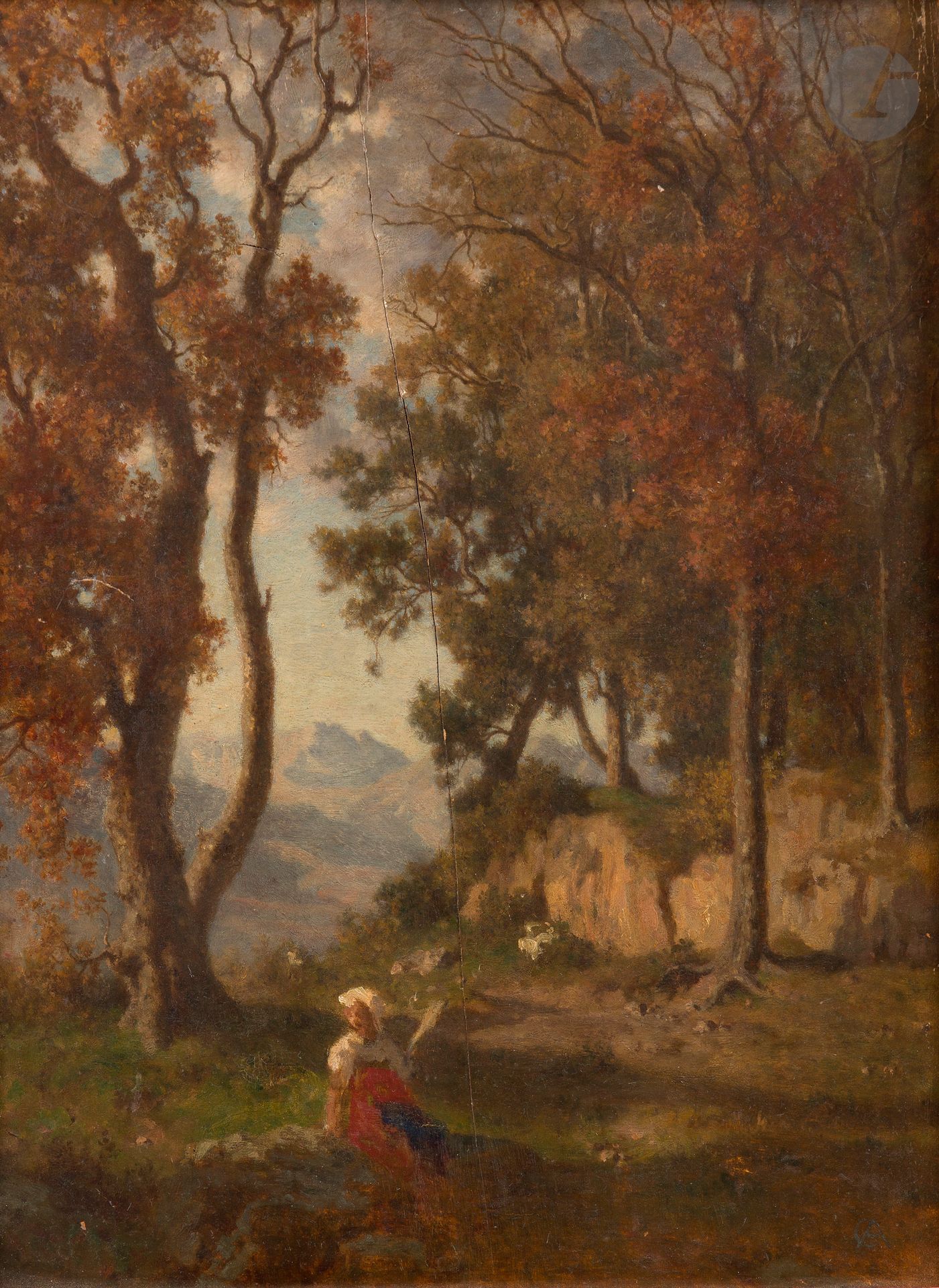 Alfred de CURZON (1820-1895)
A Subiaco, vers 1853
Huile sur panneau
41 x 33 cm
Monogrammée en bas à droite
Fente au panneau

Bibliographie : 
H. de Curzon, Alfred de Curzon, peintre (1820- 1895) : sa vie et son œuvre, d’après ses souvenirs, ses lettres, ses contemporains, Paris, 1914, tome II, n° 126, non reproduit.