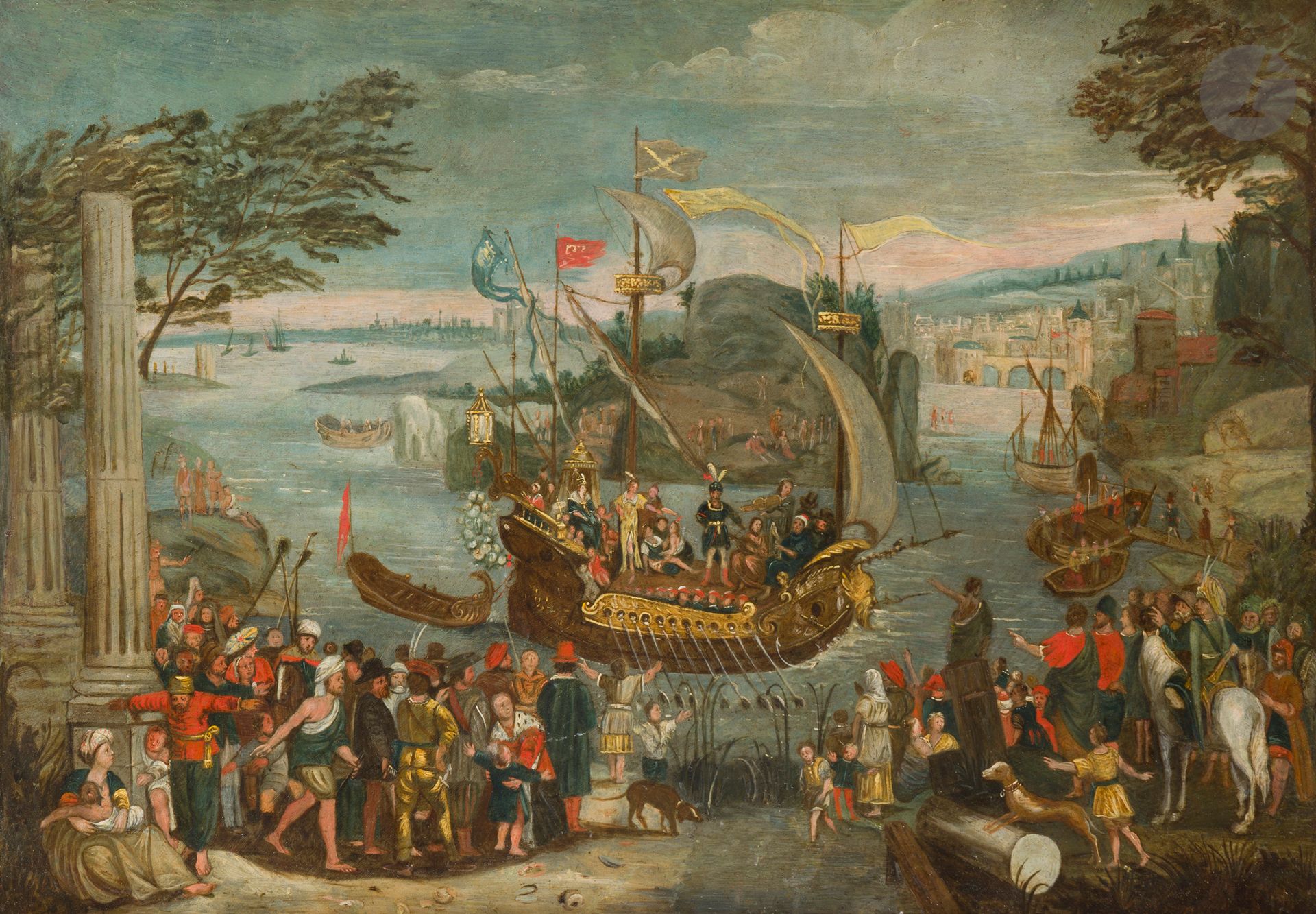 École FLAMANDE du XVIIe siècle
Concert sur une galère royale
Cuivre
39 x 56 cm
Restaurations anciennes