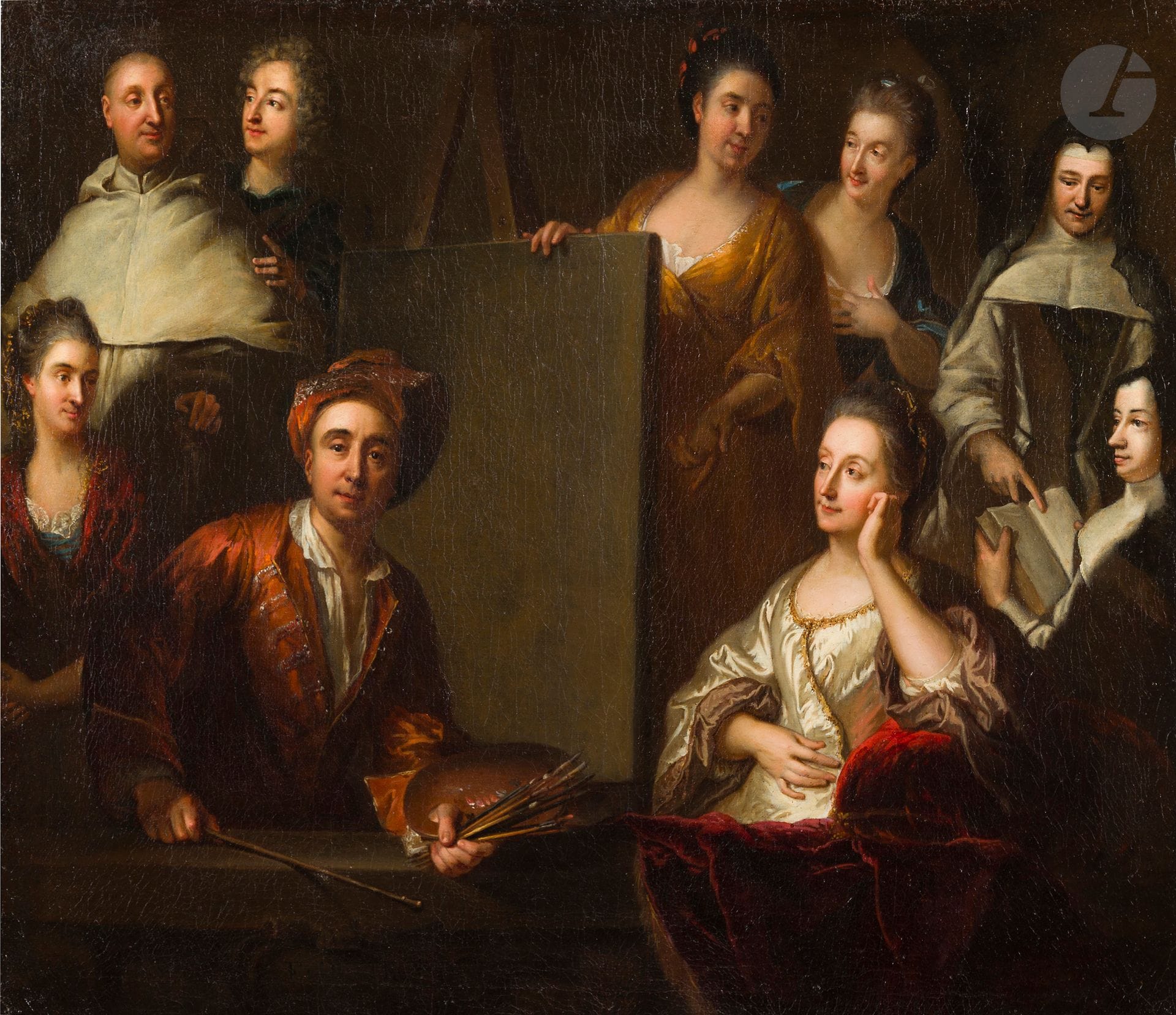 François de TROY (Toulouse, 1645 - Paris, 1730)
Autoportrait avec la famille de l’artiste
Toile
50,8 x 62,9 cm
Restaurations anciennes

Cadre de présentation sculpté et doré d’époque Louis XIV prêté par Michel Guillanton, 37 bis, rue
Montreuil, 75011 Paris.

Localisé, signé et daté en bas à gauche ‘Peint à P... / François de Tr... / ... en 170.’ Inscrit au revers de la toile ‘Portraits of a noble / family or his own family himself / by Hyacinth Rigaud’

Provenance :
Peut-être James Watson Gerard (1794-2874), comme Hyacinthe Rigaud ; son fils, James Watson Gerard Jr
(1823-1900) comme Hyacinthe Rigaud ; son fils Summer K. Gerard (1874-1966) comme Hyacinthe Rigaud ; son fils Charles Henry Coster Gerard (1909-2012) comme Hyacinthe Rigaud ; son fils, comme Hyacinthe Rigaud ; vente Old masters, New York, Christie’s, 23 mai 2024, n°35 (comme attribué à François de Troy).

Un nettoyage récent a révélé la signature.

Ce portrait de sa famille, récemment découvert, est un ajout passionnant au corpus de François de Troy. On connaissait déjà une représentation en hauteur des même figures en pieds (130 x 95 cm, Musée du domaine départemental de Sceaux, inv. n° 2020.1.1), où le peintre travaille aussi à l’effigie de son épouse posée sur un chevalet, où ils sont entourés de leurs enfants. Il adopte ici un petit format en largeur, très original pour un portrait de groupe, dans une composition complétement différente et plus recentrée. Au début du XVIIIe siècle, François de Troy développe des formules plus intimistes et moins solennelles qu’auparavant pour ses portraits de groupes, comme en témoignent le Portrait présumé de la famille Franqueville (toile, 138 x 164 cm, musée des Beaux-Arts de Montréal, inv. n° 1982.21) ou dans le Jeu du pousse-épingle (toile, 52,6 x 64,8 cm, Sceaux, musée du Grand Siècle). Cette détente marque la fin du règne de Louis XIV et de la Régence. Sur notre toile, de Troy cite plusieurs de ses propres peintures. Son autoportrait, au centre gauche tenant une palette, dérive d’un modèle qui existe en plusieurs versions, avec ou sans bonnet (musée de Châlons-en-Champagne, inv. n° 861.1. 155 ; Sarah Campbell Blaffer Foundation, Houston, inv. n° BF.1991.1), tandis que le portrait de Jeanne de Troy, née Cotelle, son épouse à droite, est tiré de sa peinture au musée de l’Ermitage à Saint-Pétersbourg (toile, 103 x 78,5 cm,  inv. n° ГЭ-1209, dessin préparatoire au musée Paul Dupuy à Toulouse). Les autres personnages sont les enfants du couple. Le moine en arrière-plan, dom de Troy, est dans les bras de son frère, le célèbre peintre Jean-François de Troy (1679-1752), un geste affectueux qu’on retrouve dans le tableau conservé à Sceaux, où la place de chacun des deux protagonistes y est inversée. Les jeunes femmes sont cinq de ses six filles qu’il a peintes à de nombreuses reprises (voir Dominique Brême, François de Troy 1645-1730, Paris-Toulouse, 1997, pp. 24-25). Les religieuses visibles à droite de la composition sont ses deux filles, entrées au monastère féminin cistercien de Pont-aux-Dames dans la commune de Couilly-Pont-aux-Dames. Leurs deux visages sont un peu moins précis, probablement parce que leur père ne les a pas vues depuis qu’elles ont prononcé leurs voeux. La haute qualité de la toile a été dévoilée par le nettoyage récent. François de Troy nous regarde. Il est en habits d’artiste avec un turban de velours (comme dans l’autoportrait de Rigaud) et une robe d’intérieur à brandebourgs ; il tient un appui-main, une palette et des pinceaux. Son épouse le regarde tendrement dans une veste aux reflets satinés. Cette partie s’inspire de la manière de Rembrandt telle que la concevaient un Santerre ou un Grimou à la même époque, autour de 1700 : l’harmonie des tons entre le rouge vif du rideau sur le parapet, la chemise blanche, le liséré brodé or sur fond sombre évoque les portraits du maître hollandais. On admirera la finesse psychologique du dialogue créée par les regards entre les différents membres de la famille.

Nous remercions Monsieur Dominique Brème d’avoir confirmé l’attribution à François de Troy par examen direct de l’œuvre en février 2026.