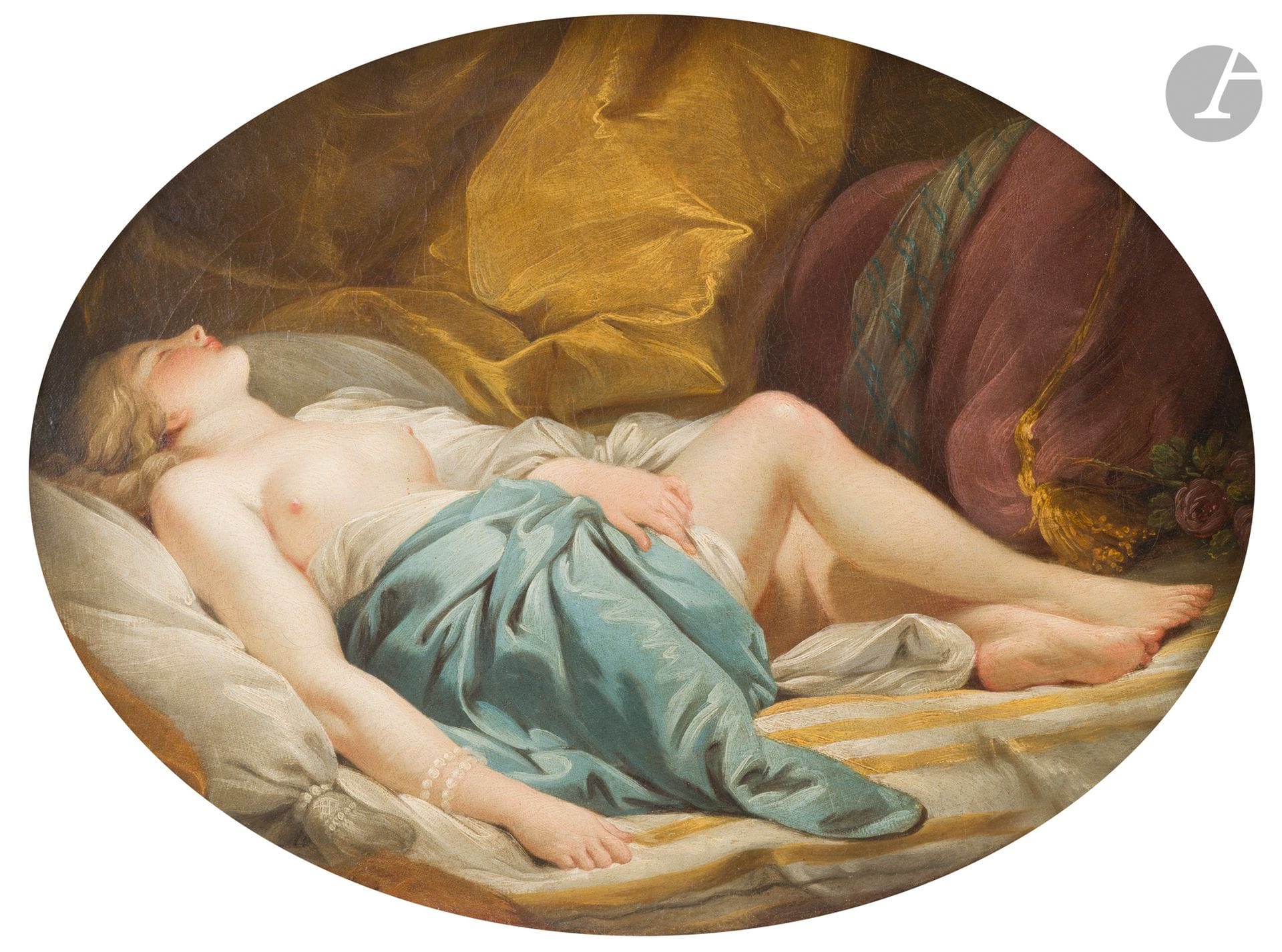 École FRANCAISE du XVIIIe siècle, suiveur de François BOUCHER
Le Repos de la Volupté 
Toile ovale
47 x 62 cm
Porte une étiquette au revers du châssis « Trich... »
Restaurations anciennes

 Reprise avec des variantes de la gravure intitulée Le Repos de la Volupté d’après l’œuvre peinte de Boucher pour la salle à manger du roi à Fontainebleau en 1748 disparue (voir A. Ananoff avec la collaboration de D.Wildenstein, François Boucher, Tome II, Lausanne et Paris, 1976, n° 312 fig. 897).