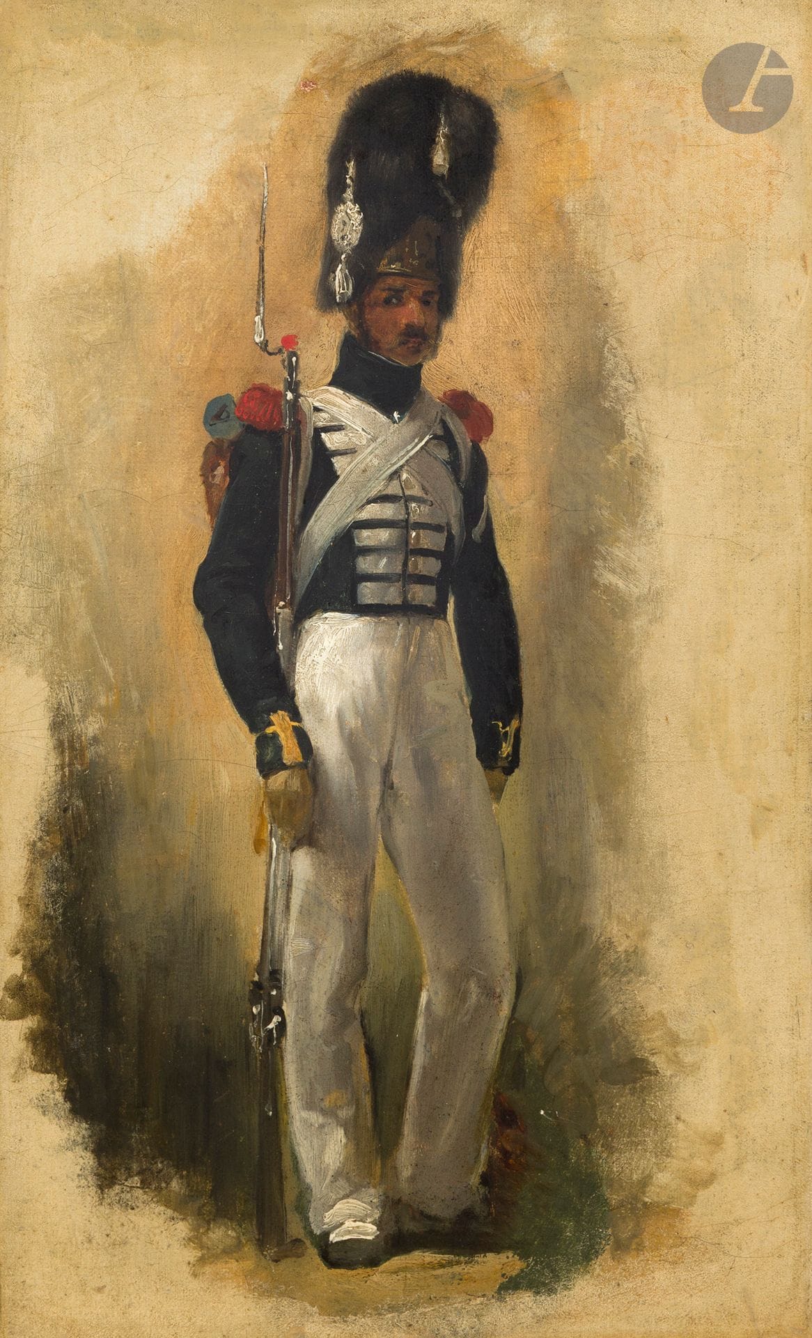 Horace VERNET (Paris, 1789-1863)
A royal guard
Canvas
36 x 22 cm
Unframed
Stamped on the reverse of the stretcher: "Collection André Delaroche Vernet".

Provenance :
Delaroche-Vernet family.

Bibliography and exhibition: 
Horace Vernet 1789-1863, Rome, Académie de France, and Paris, École nationale supérieure des Beaux-Arts, 1980, p. 42, no. 11.