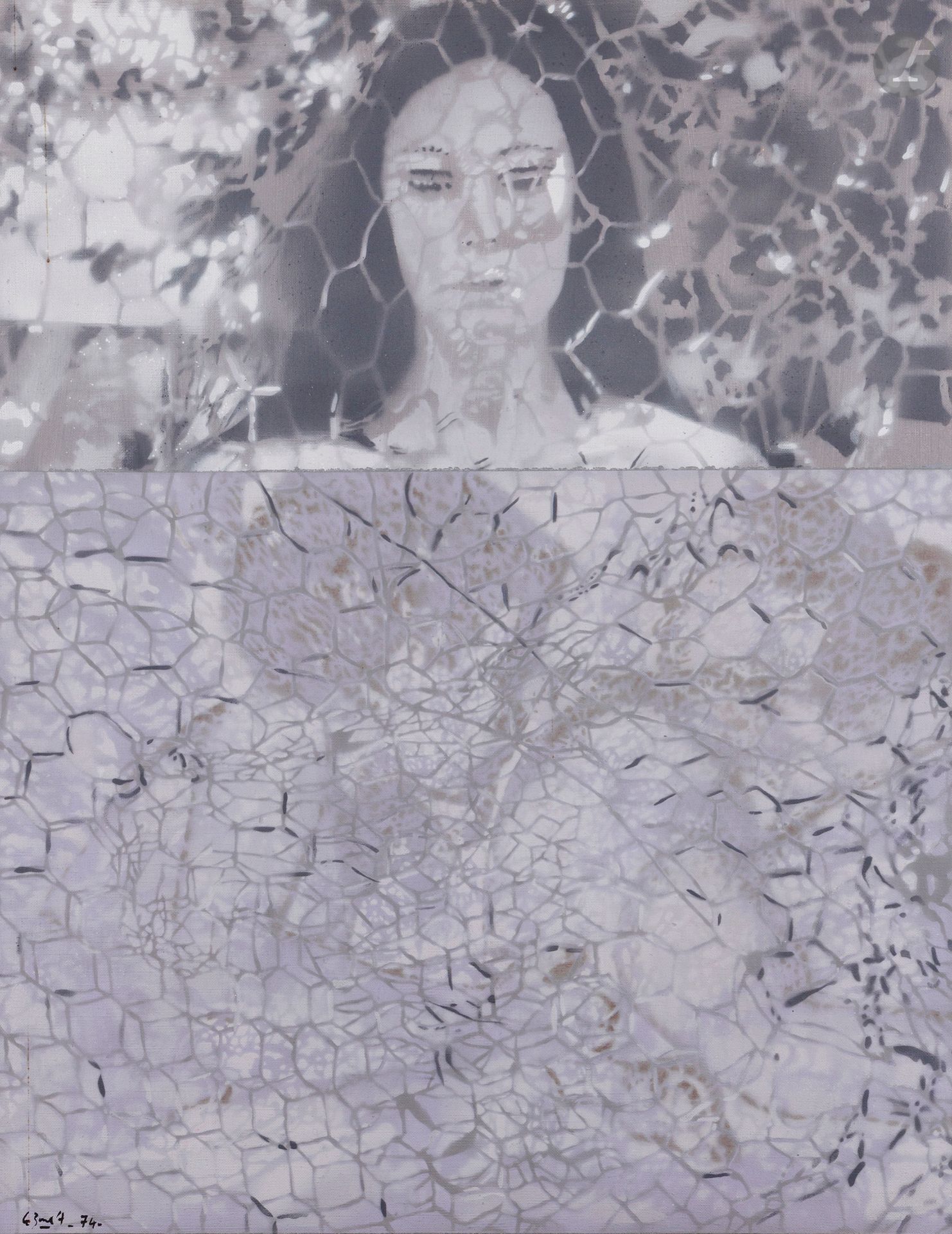 Jean-Pierre LE BOUL'CH (1940-2001) 
Woman with wire fence, 1974
Acrylic on canvas. 
Signed and dated lower left. 
Signed and dated on the back. 
81 x 65 cm