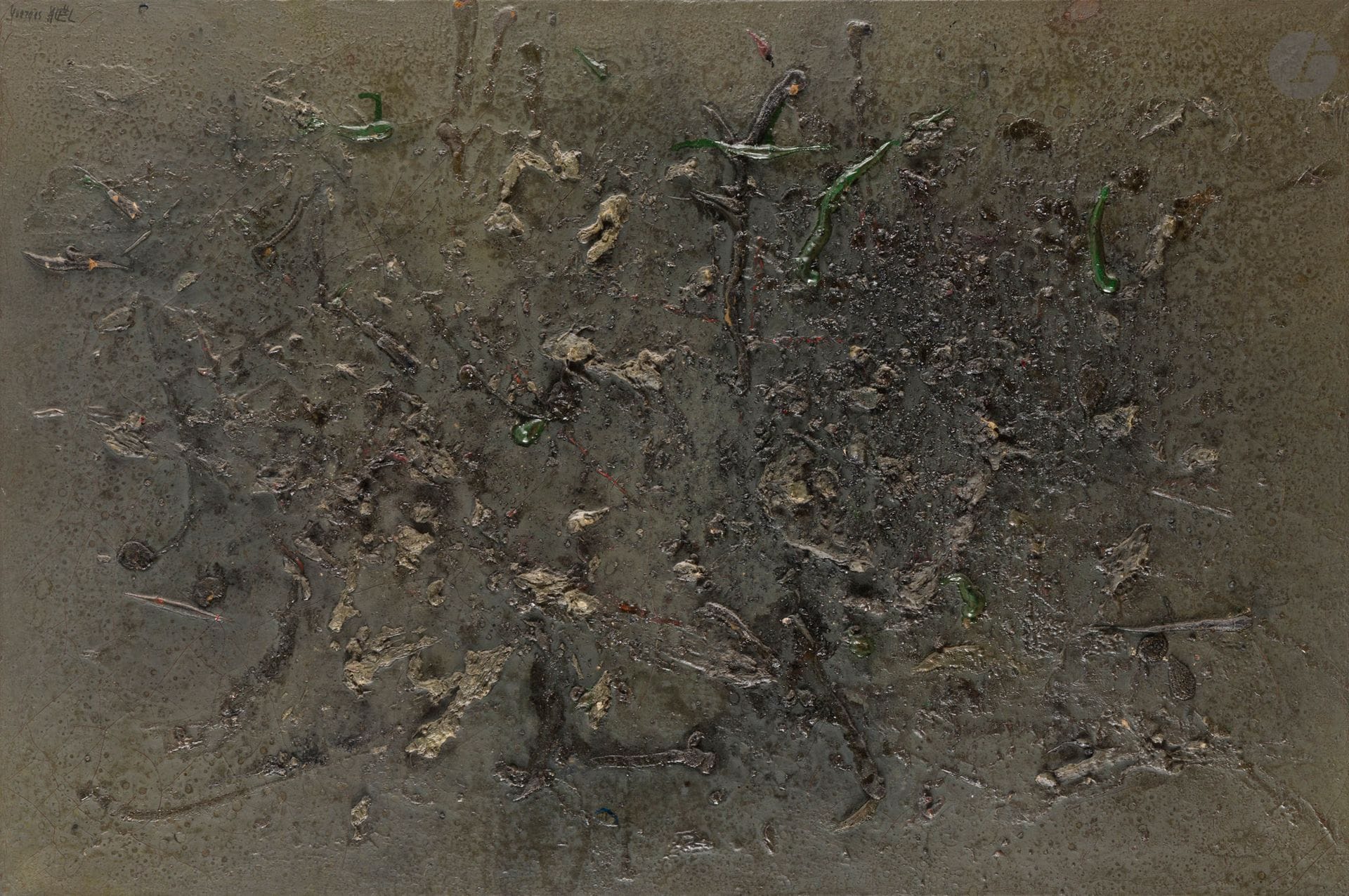 Georges NOËL (1924-2010)
!!! Gris, gris gris !!!, 1957
Oil on canvas.
Signed upper left.
Titled on the back.
(Crackles and small chips).
60 x 90 cm

Provenance : 
Goutal Collection, Paris.