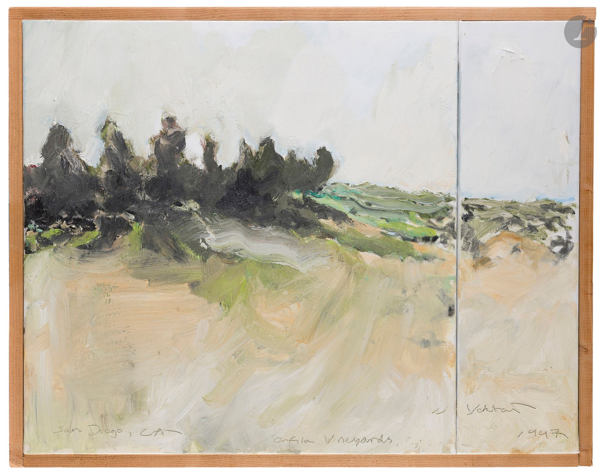 Darius YEKTAI (né en 1973)
Orfila Vineyards, 1997
Huile sur toile - Diptyque.
Signée et datée en bas à droite.
Titrée en pied.
Située en bas à gauche.
(Léger décollement de matière en haut à droite).
61 x 78 cm

Darius Yektai est le fils de l’artiste Manoucher Yektai. Nous présentons ici une œuvre de jeunesse de cet artiste, établi à Sag Harbor (Long Island) et rattaché à l’École de New York.