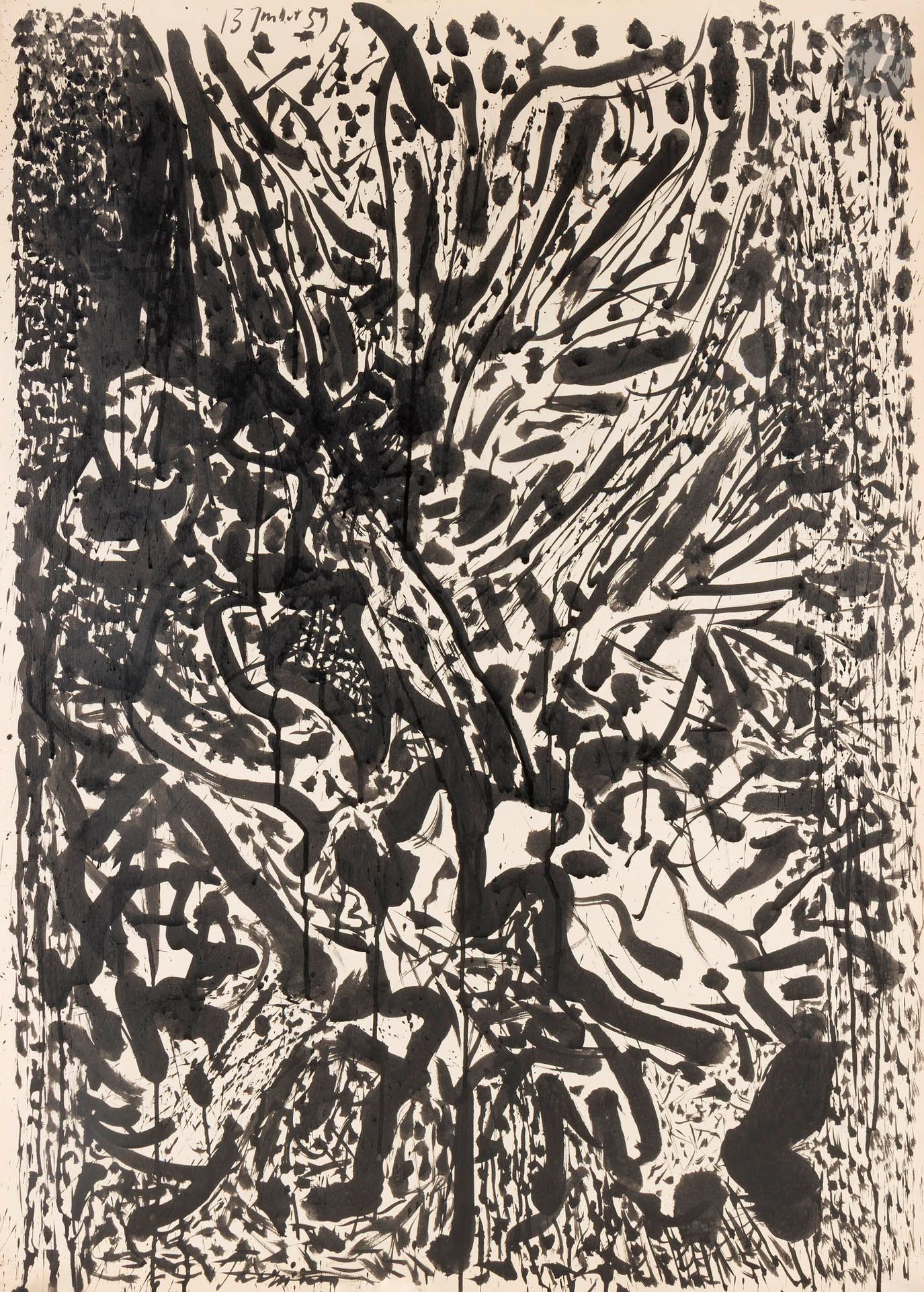 Mario PRASSINOS (1916-1985)
Bouquet, 1959
Encre sur papier.
Signée en bas à gauche. 
Datée en haut à gauche. 
(Petite déchirure).
105 x 75 cm
