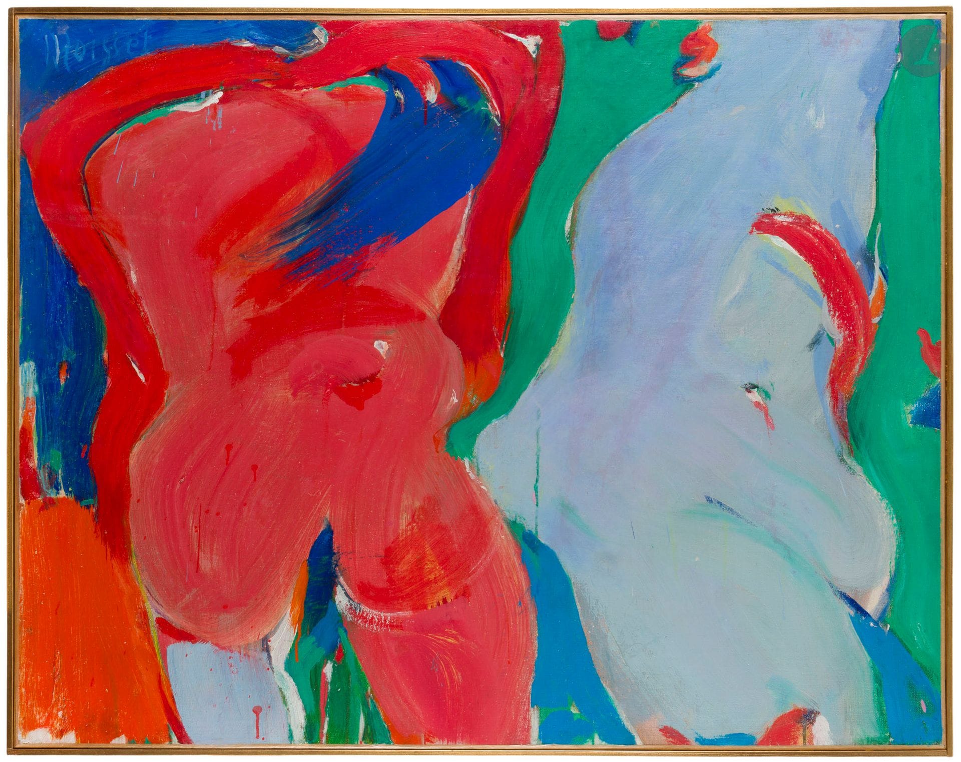 Raymond MOISSET (1906-1994)
Nus rouge et bleu, vers 1968
Huile sur toile.
Signée en haut à gauche.
89 x 112 cm