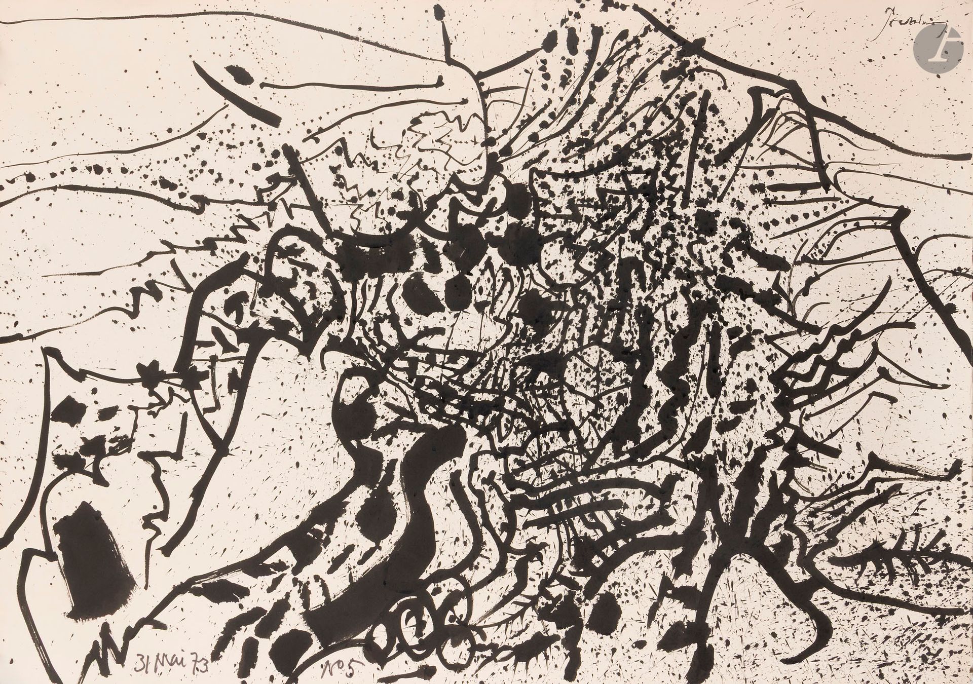 Mario PRASSINOS (1916-1985)
Alpilles n° 5, 1973
Encre sur papier.
Signée en haut à droite.
Datée et numérotée en bas à gauche.
75 x 105 cm

Provenance : 
Collection Yo Prassinos.