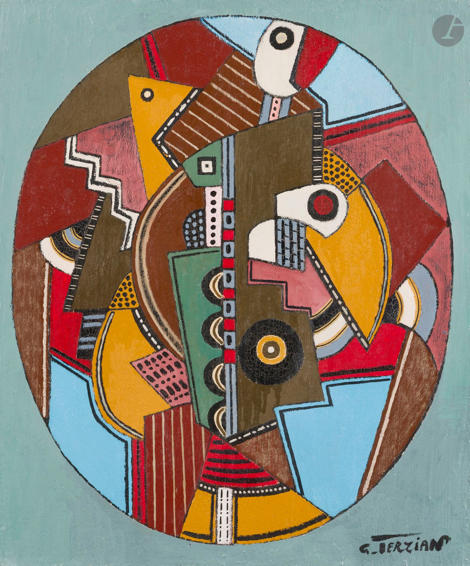 Georges TERZIAN (1939-2021)
Le Médaillon bleu
Huile sur toile.
Signée en bas à droite.
Signée et titrée au dos.
46 x 38 cm