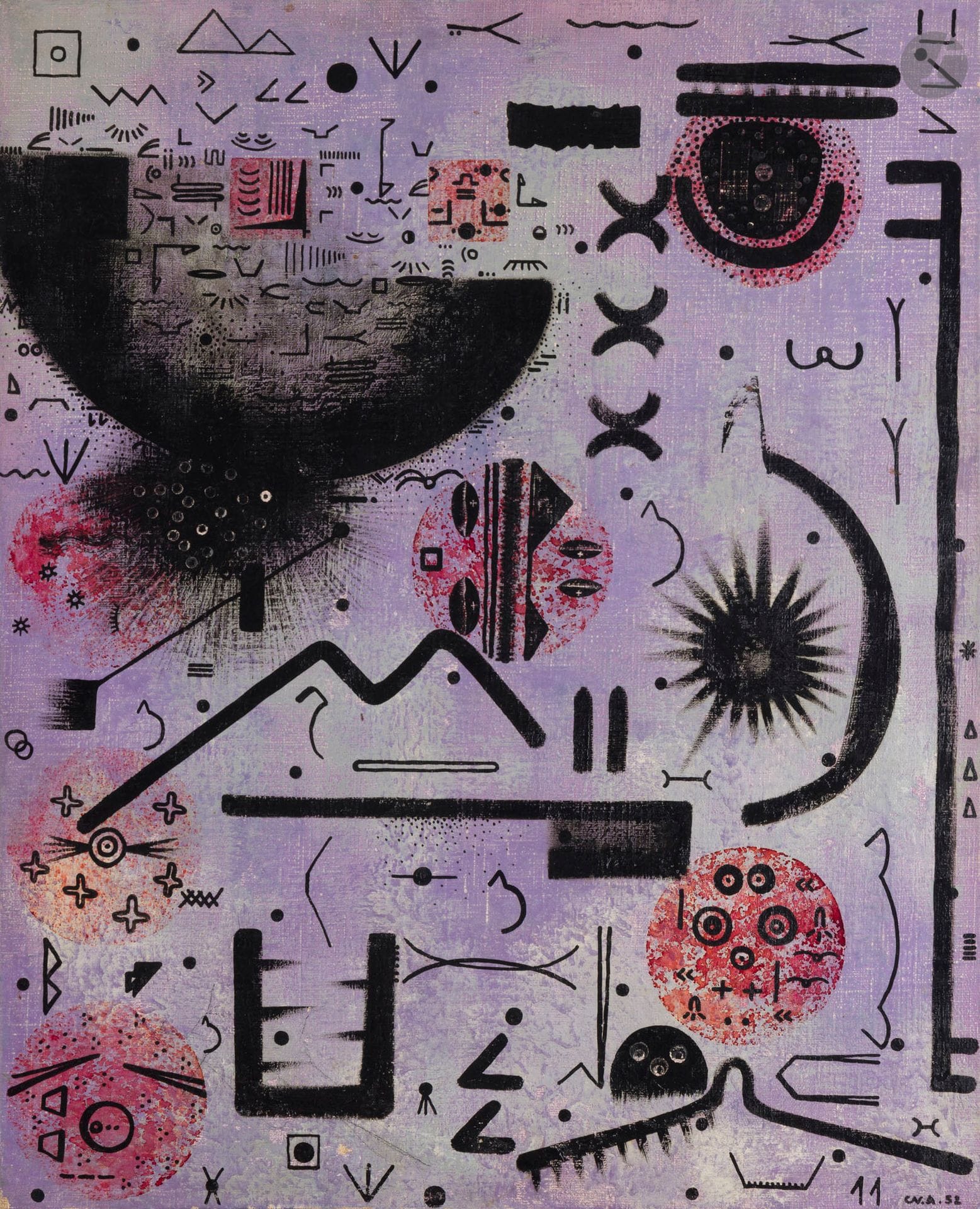 Claude VISEUX (1927-2008)
Fabrication cosmique, 1952
Huile sur toile.
Monogrammée et datée en bas à droite.
Signée, datée et titrée au dos.
73 x 59 cm

Nous remercions Monsieur François Viseux d'avoir confirmé l'authenticité de cette œuvre.