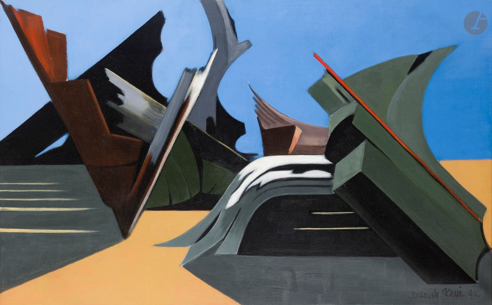 Danièle PERRE (1924-2012)
D'un voyage en hiver
Huile sur toile.
Signée et datée en bas à droite.
Signée, datée et titrée sur le châssis.
60 x 92 cm