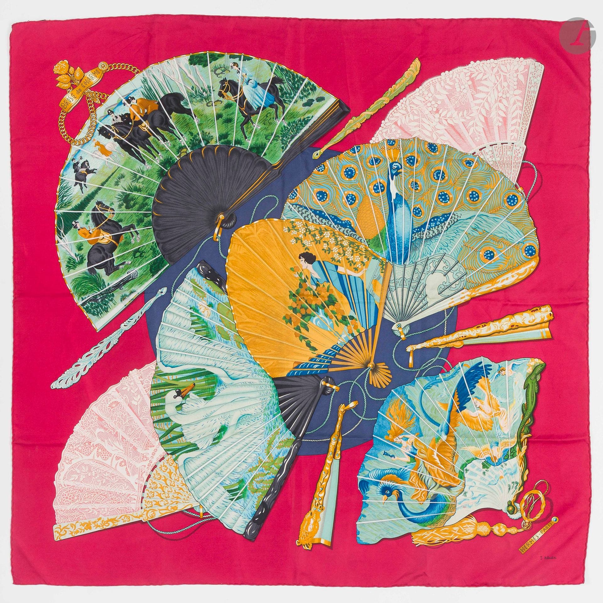 HERMÈS PARIS
Carré 90 in silk twill "Brise de Charme", signed J.Abadie, red background (few threads pulled)