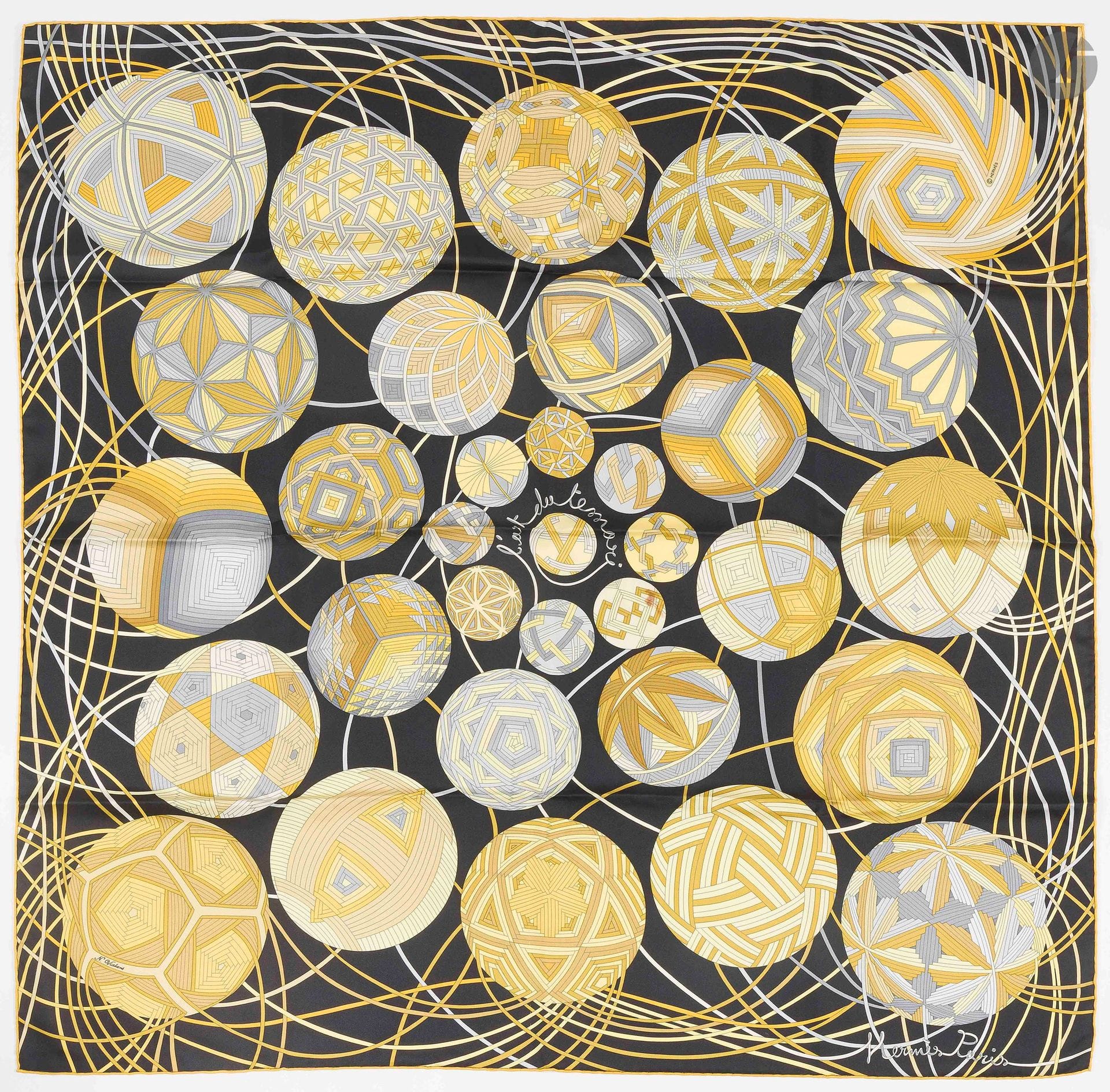 HERMÈS PARIS
Carré 90 in silk twill "L'art du Témari", signed N.Vialars, black background with yellow and gray decor. In box (stain, some threads pulled).