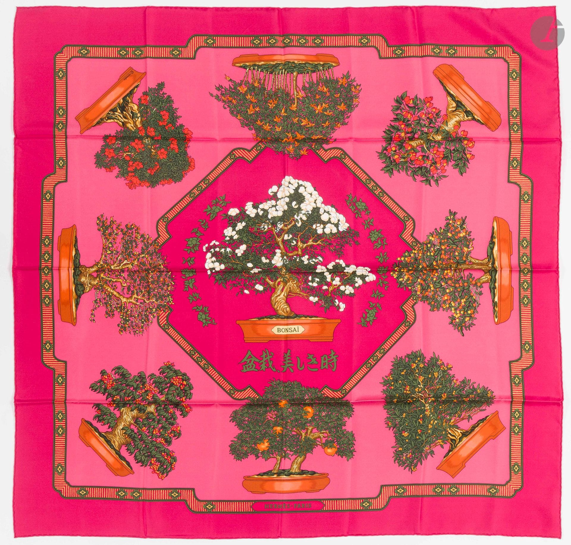 HERMÈS PARIS
Carré 90 in "Bonsaï" silk twill, pink background (good condition)