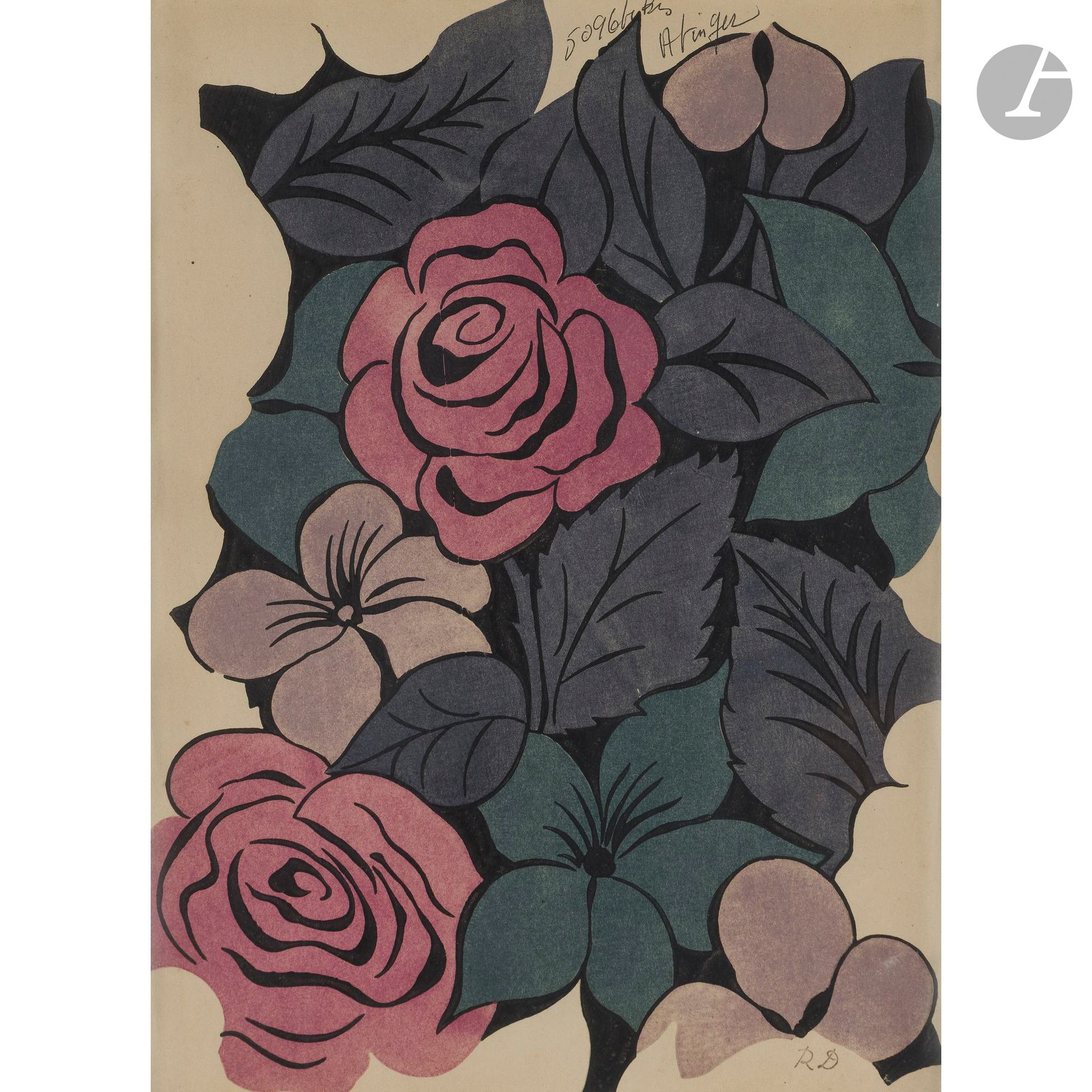 RAOUL DUFY (1877-1953) PAINTER-CARTONNIER &amp; BIANCHINI-FÉRIER SILK MANUFACTURER
Stylized roses, cardboard created circa [1912-1914].
Stencil in color. Presented under a marie-louise in a modern oak frame. Monogrammed with the stamp R. D.lower right, marked 50964 bis Atinger upper center. Sight: 38.5 x 28 cm - With frame: 52.5 x 42 cm

 Acknowledgements
We would like to thank Fanny Guillon Lafaille, Raoul Dufy specialist and author of numerous publications on the artist, for confirming the authenticity of this work.