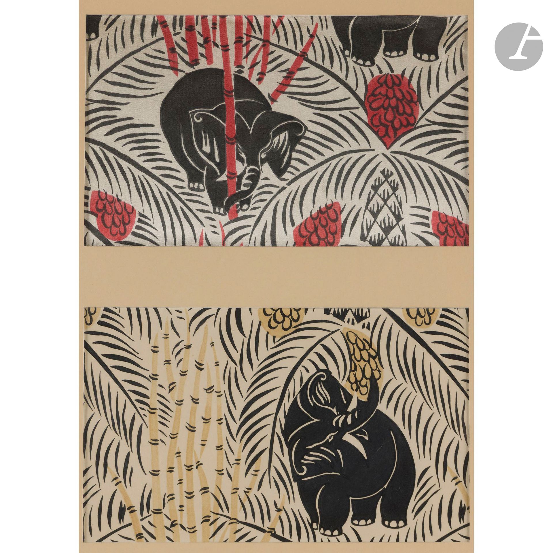 RAOUL DUFY (1877-1953) PAINTER-CARTONNIER &amp; BIANCHINI-FÉRIER SILK MANUFACTURER
Elephants (A.B.F. 50932), cardboard created in [1912].
One stencil and one sample. Printed on paper for the former - printed silk for the latter. Both works presented under a two-window marie-louise in a modern oak frame. Sight: 17.5 x 29 cm - With frame: 55 x 44 cm

Bibliography
Anne Tourlonias and Jack Vidal - Raoul Dufy, l'œuvre en soie - Éditions Alain Barthélémy, Avignon, 1998. Model referenced and reproduced on page 96. 

 Acknowledgements
We would like to thank Fanny Guillon Lafaille, Raoul Dufy specialist and author of numerous publications on the artist, for confirming the authenticity of this work.
