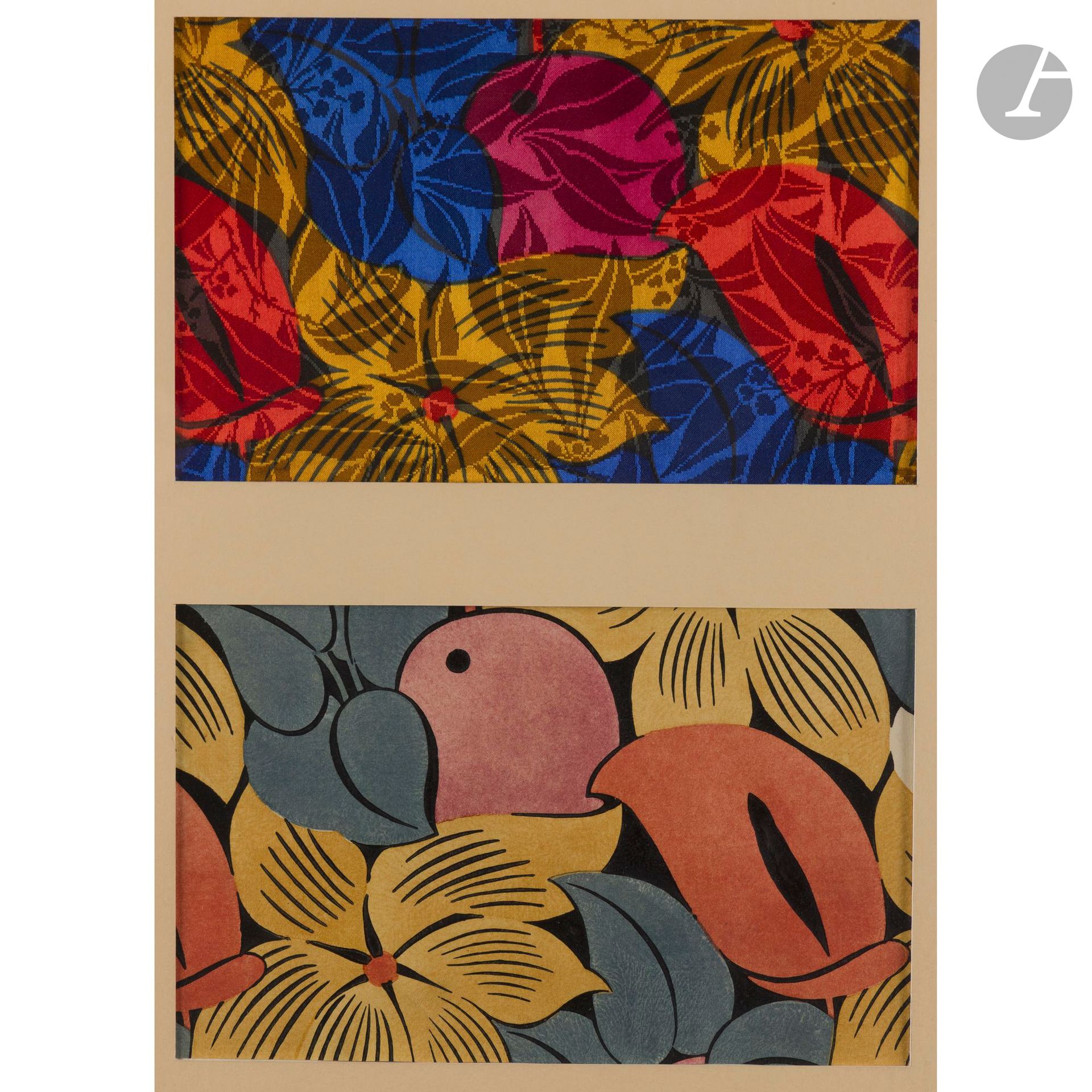 RAOUL DUFY (1877-1953) PAINTER-CARTONNIER &amp; BIANCHINI-FÉRIER SILK MANUFACTURER
Stylized Fruits, Untitled, cardboard created circa [1912-1914].
A stencil and a sample. Printed on paper for the former - printed silk for the latter. Both works presented under a two-window marie-louise in a modern oak frame. Sight: 17.5 x 29 cm - With frame: 55 x 44 cm

Public sales and related works :
Raoul Dufy, ensemble de dessins, aquarelles et gouaches réalisés entre 1912 et 1918 pour la Maison Bianchini Perrier - Vente Me Pierre Cornette de Saint-Cyr, Hôtel Drouot, 3 juin 1986. A very similar model is shown under number 52 in the catalog. 

 Acknowledgements
Our warmest thanks to Fanny Guillon Lafaille, Raoul Dufy specialist and author of numerous publications on the artist, for confirming the authenticity of this work.