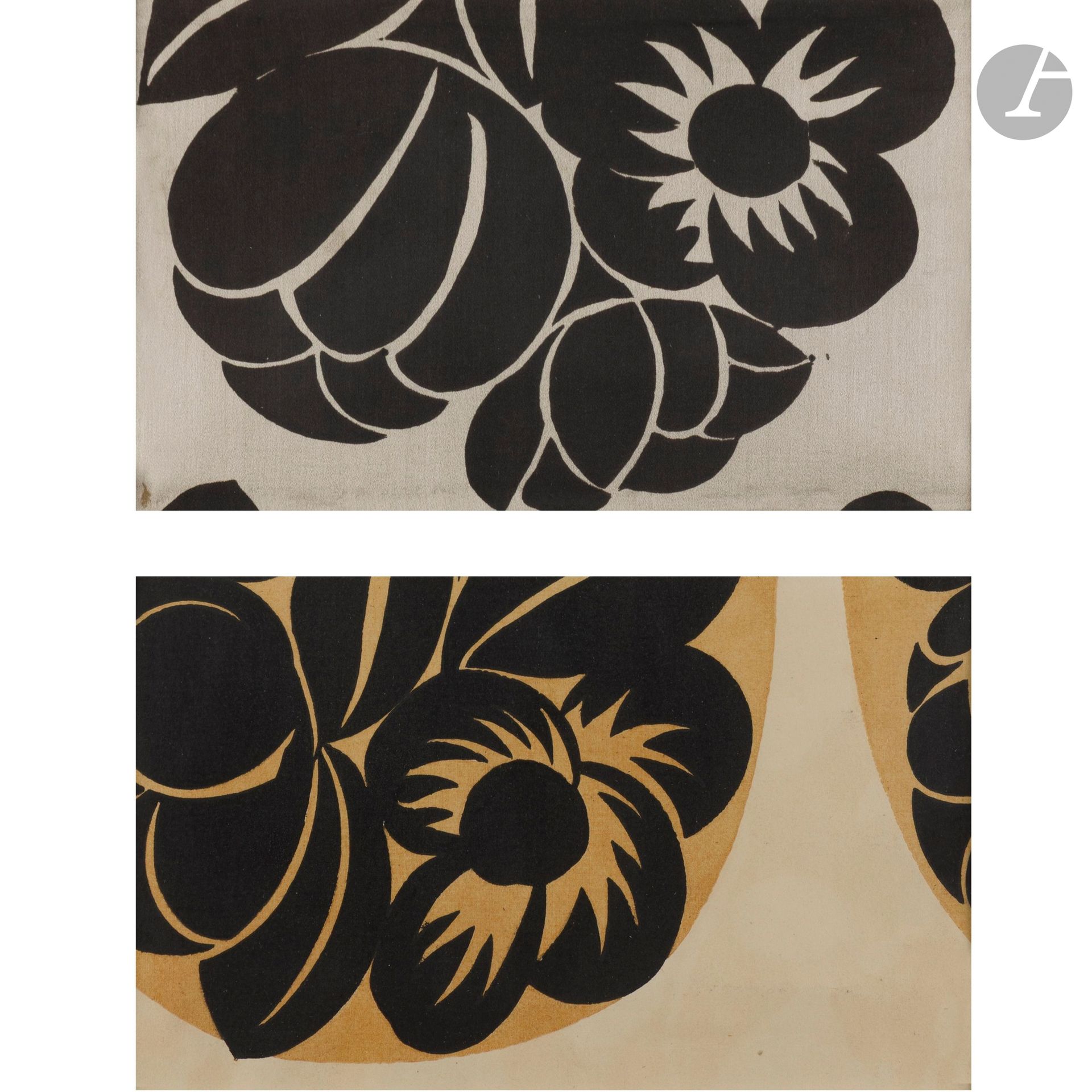 RAOUL DUFY (1877-1953) PAINTER-CARTONNIER &amp; BIANCHINI-FÉRIER SILK MANUFACTURER
Stylized tulips (B.F. 51313), cardboard created in [1911], published by Bainchini-Férier from [1914].
One stencil and one sample. Printed on paper for the former - printed silk for the latter. Both works presented under a two-window marie-louise and in a modern oak-profile frame. Sight: 17.5 x 29 cm - With frame: 55 x 44 cm

Bibliography :
Collective - Raoul Dufy; Tissus et créations - Musée d'Art moderne de la ville de Troyes, Éditions Snoeck, 2015. Model referenced and reproduced on page 54. 

 Acknowledgements:
Our warmest thanks to Fanny Guillon Lafaille, Raoul Dufy specialist and author of numerous publications on the artist, for confirming the authenticity of this work.
