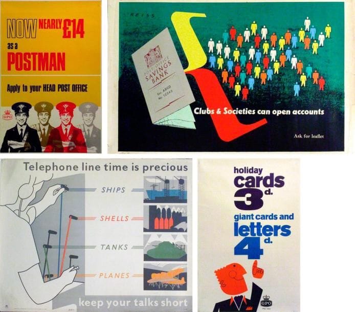 ANONYME (2)
Manfred REISS (né en 1922) - J.R?. Holiday cards 3d. Giant cards and letters 4d. - Now nearly £ 14 as a postman - Post Office Savings Bank - Telephone line time is precious. 4 affiches. L?une signée. B.E. (Petites déchirures à l?une et usures). 76 x 50 cm (2) - 63 x 103 cm et 73 x 92 cm