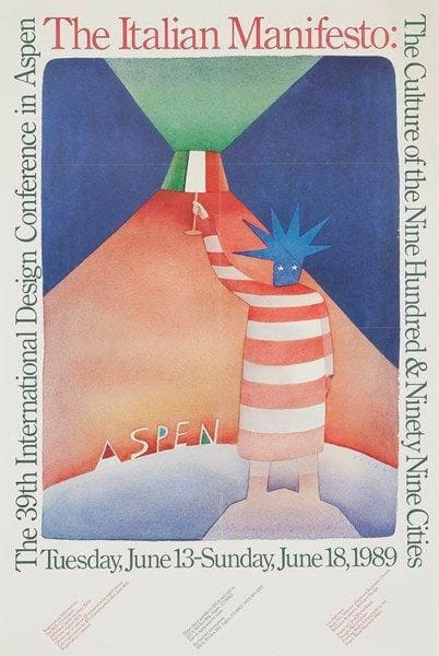 Jean-Michel Folon (1934-2005)
The Italian Manifesto (Aspen), 1989. Affiche. Signée en bas à droite. B.E. 90 x 60 cm