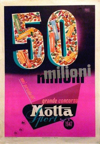 Erberto Carboni (1899-1984)
Motta Sport - 50 milioni, 1946. Affiche. Signée et datée en haut à droite. B.E. (Déchirures). 100 x 70 cm