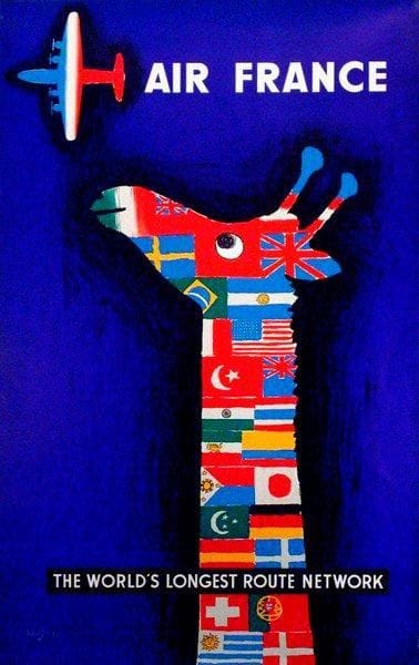 RAYMOND SAVIGNAC (1907-2002)
Air France - The World?s longest route network, vers 1950. Affiche. Signée en bas à gauche. B.E. 100 x 64 cm