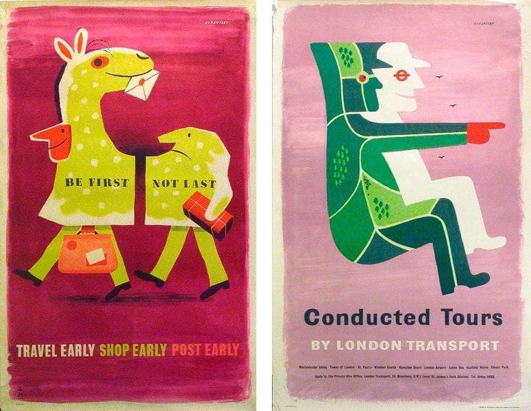 Tom ECKERSLEY (1914-1997)
Conducted Tours - Travel Early Shop Early Post Early. 2 affiches. Signées en haut à droite. B.E. (L?une entoilée, oeillets). Chaque: 102 x 63 cm