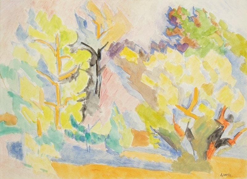 André LHOTE (1885-1962)
Oliviers - Migoua (près Bandol), vers 1940. Gouache sur vélin.. Signée au stylo-bille bleu en bas à droite. 29 x 39 cm. Provenance: Galerie Marcel Guiot.