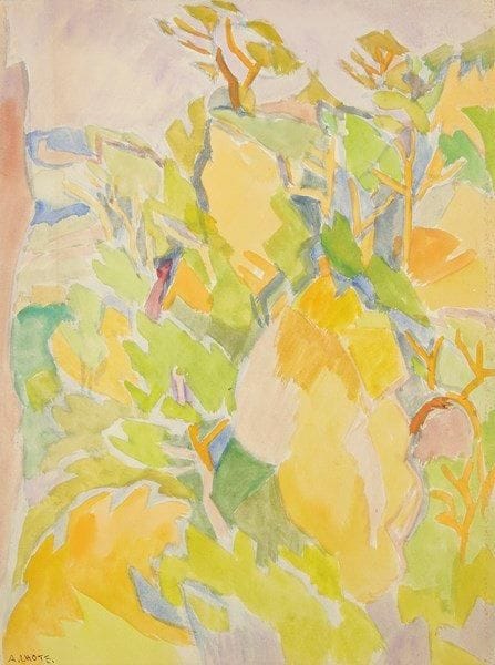 André LHOTE (1885-1962)
Rochers - Madrague, vers 1940. Gouache sur vélin.. Signée au stylo-bille bleu en bas à gauche. 38 x 28 cm. Provenance: Galerie Marcel Guiot.