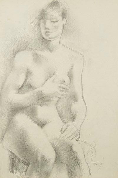 André LHOTE (1885-1962)
Femme assise, une main à la poitrine, vers 1925-1930. Dessin à la mine de plomb sur vélin mince. 36 x 24,5 cm. Provenance: Galerie Marcel Guiot, Paris.