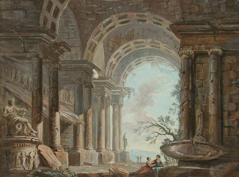 Jean Nicolas SERVANDONI (Florence 1695 - Paris 1766)
Deux femmes dans un décor de palais en ruines. Gouache. 47,5 x 62 cm
