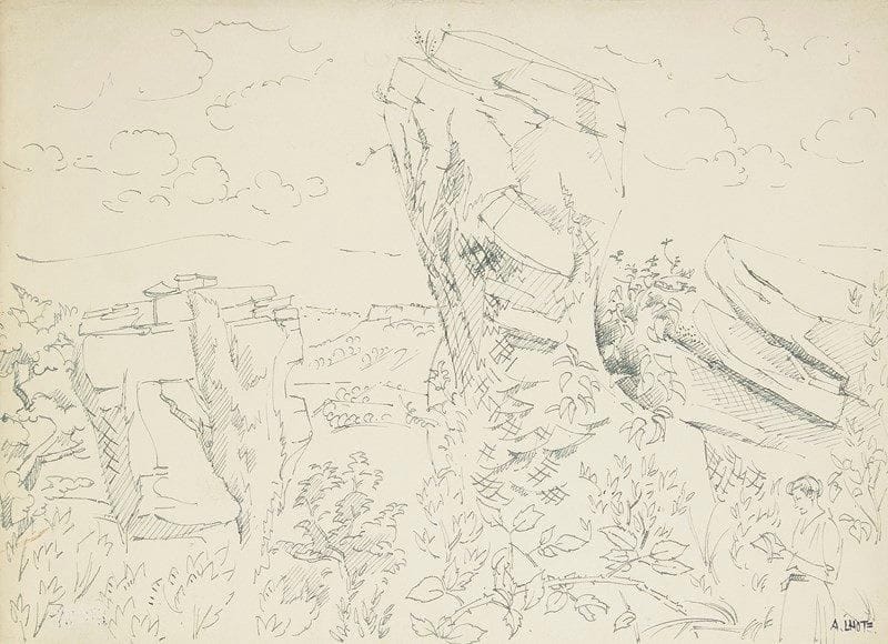 André LHOTE (1885-1962)
Les Rapières, Gordes. Plume et encre bleutée sur vélin. Timbrée en bas à droite. (Menue salissure filiforme au bord gauche. Décharge d?un autre timbre en pied à gauche). 22,5 x 34,5 cm. Provenance: Galerie Marcel Guiot.