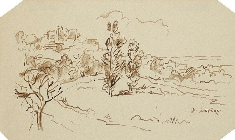 AUGUSTE LEPERE (1849-1918)
Paysage. Plume et encre sépia sur vélin mince, les angles abattus.. Signée en bas à droite.. 12,5 x 20,7 cm